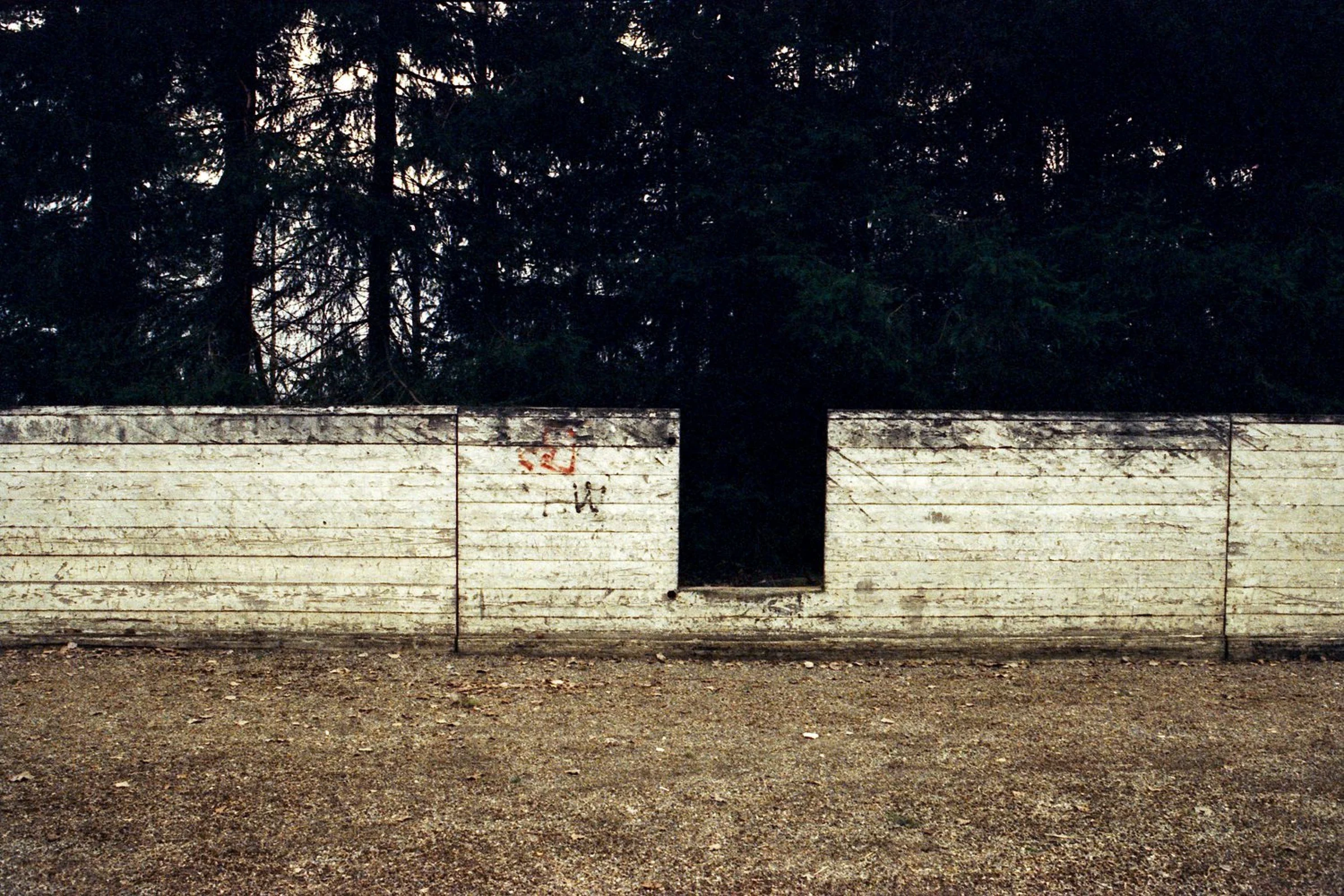 A weathered white wooden wall with a rectangular opening near its centre. Dense, dark trees rise behind it, while bare ground stretches across the foreground.