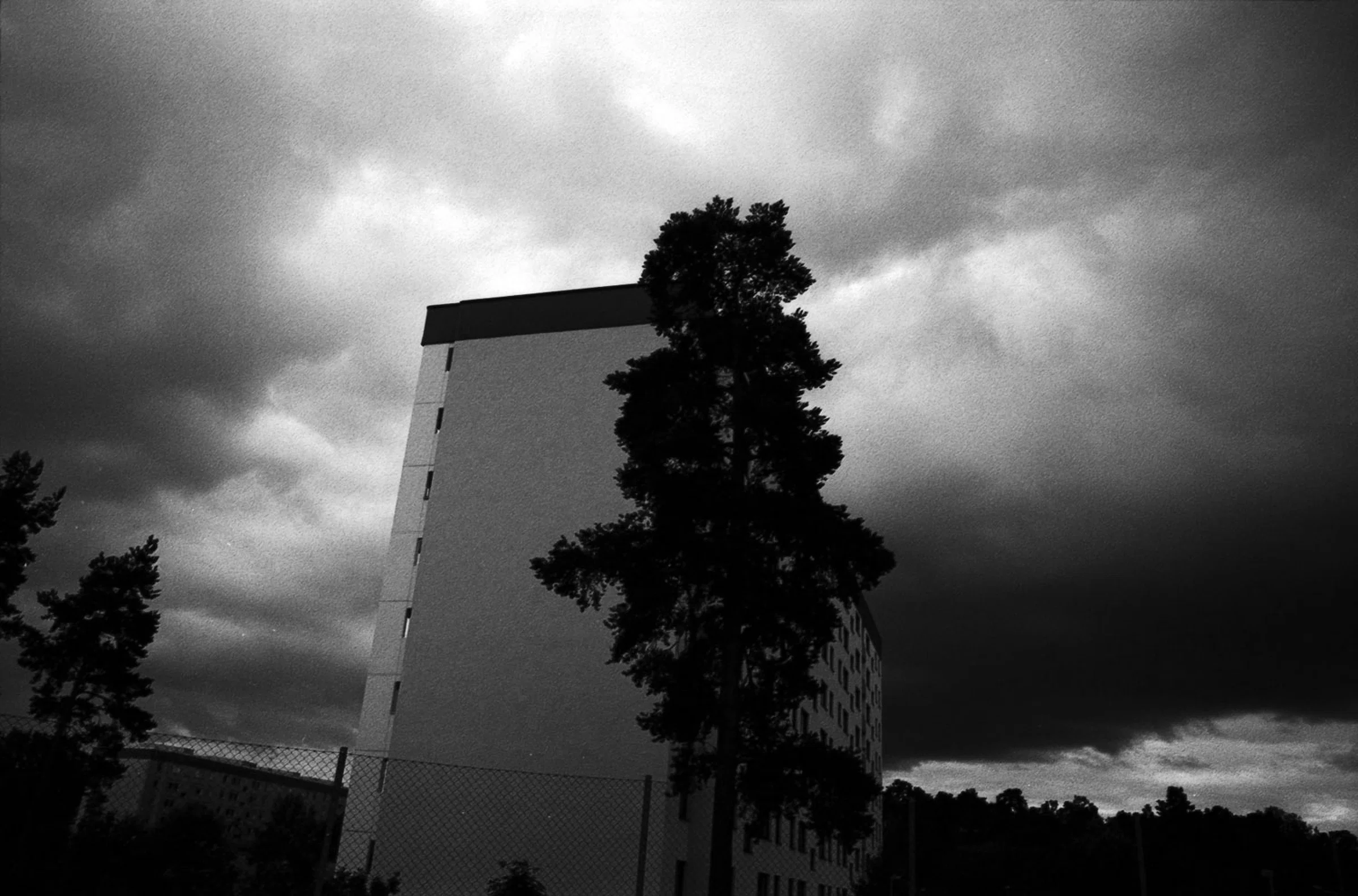 A black-and-white photograph of a tall, pale rectangular building seen from below, partly obscured by a dark conifer tree in the foreground. A chain-link fence runs along the bottom of the frame, while heavy, layered storm clouds fill the sky above and around the building.