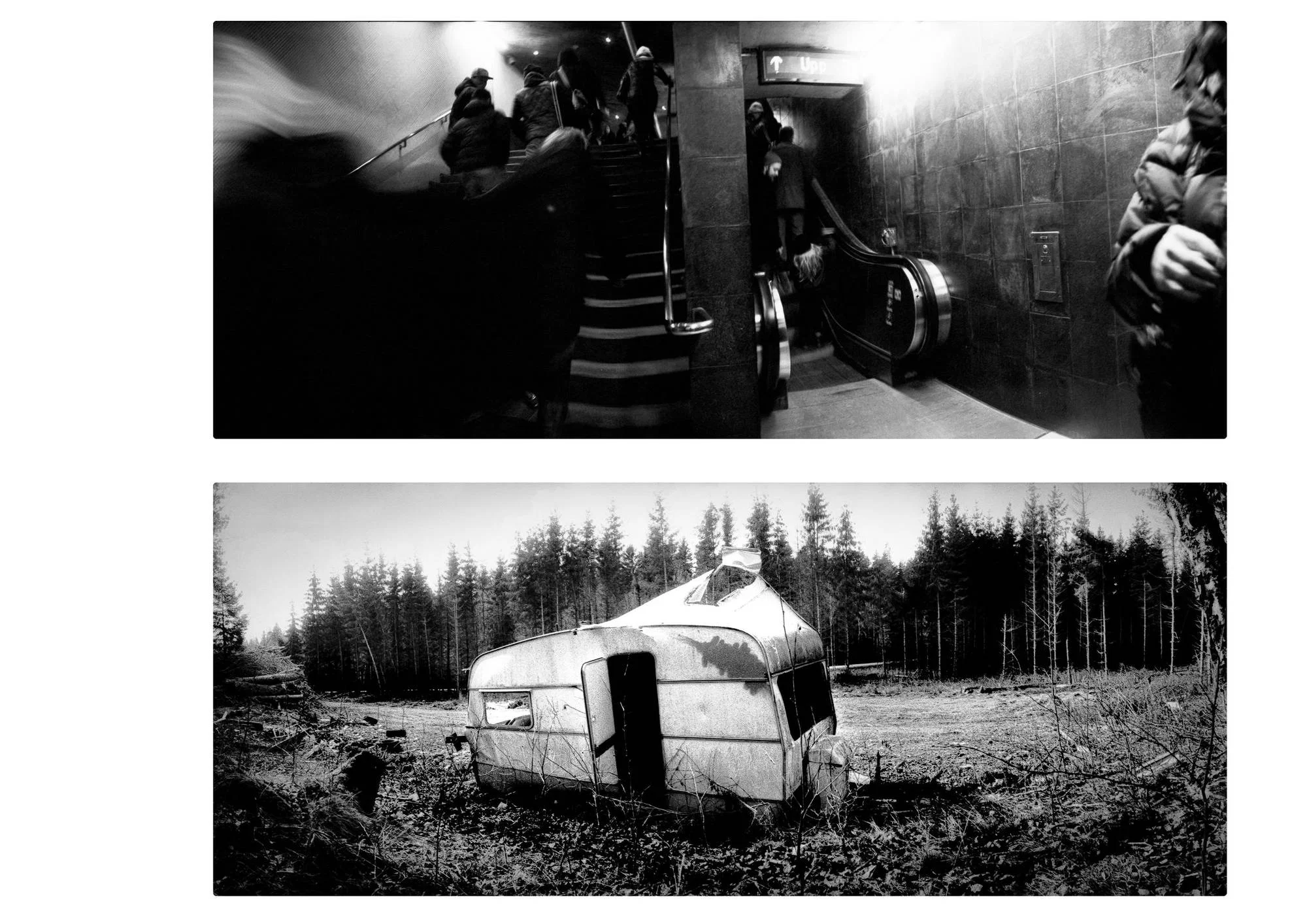 Two black-and-white panoramic photographs arranged vertically. The upper image shows people moving through an underground station, with stairs ascending on the left and an escalator descending on the right. A large blurred figure crosses the foreground. The lower image shows a weathered caravan standing alone in an overgrown clearing, surrounded by low vegetation and a dense line of conifer trees.