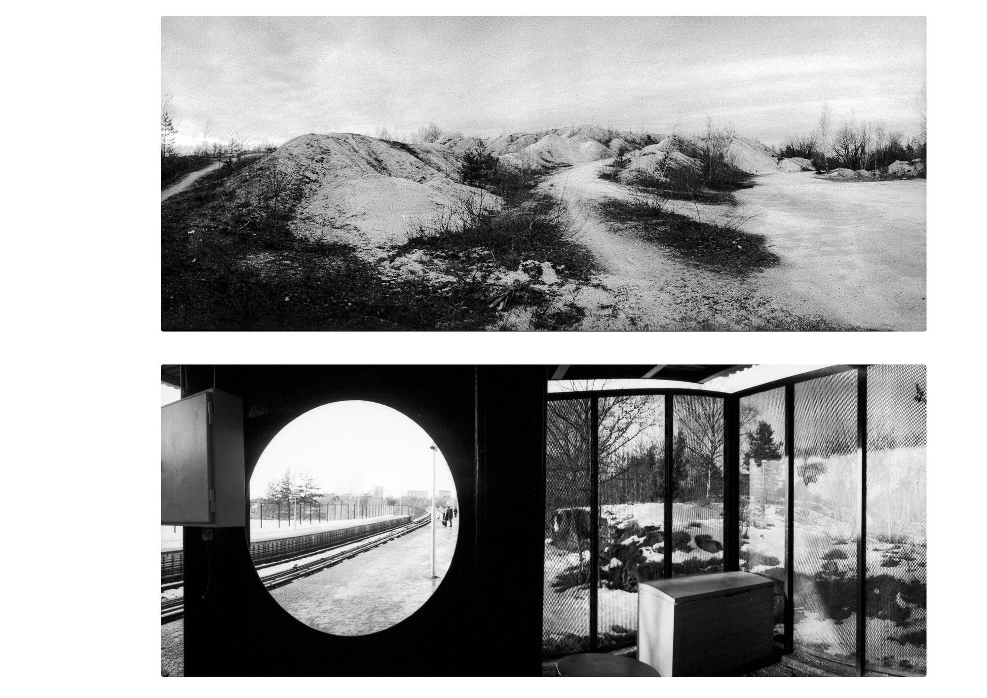 Two black-and-white panoramic photographs arranged vertically. The upper image shows a barren landscape of pale gravel mounds, winding tracks and sparse shrubs beneath a cloudy sky. The lower image shows a snow-covered railway platform seen through a large circular opening in a dark structure on the left, alongside a glass-walled shelter overlooking snowy rocks and trees on the right.