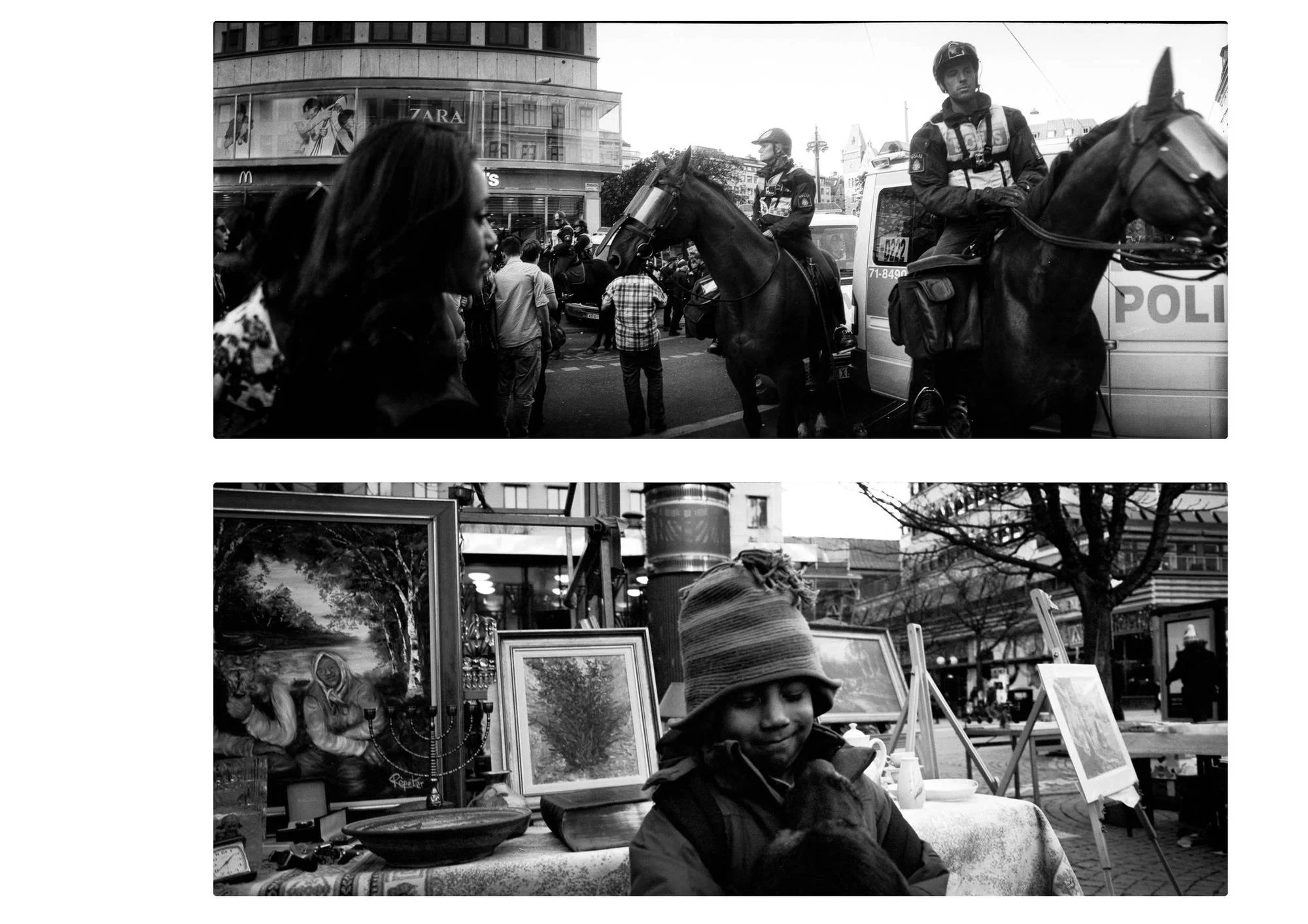 Two black-and-white panoramic photographs arranged vertically. The upper image shows mounted police officers among pedestrians in a busy city street, with a police van and commercial buildings behind them. The lower image shows a child wearing a knitted hat at an outdoor market, surrounded by framed paintings, decorative objects and display stands. The child's face is turned down towards a dark object held close to the body.