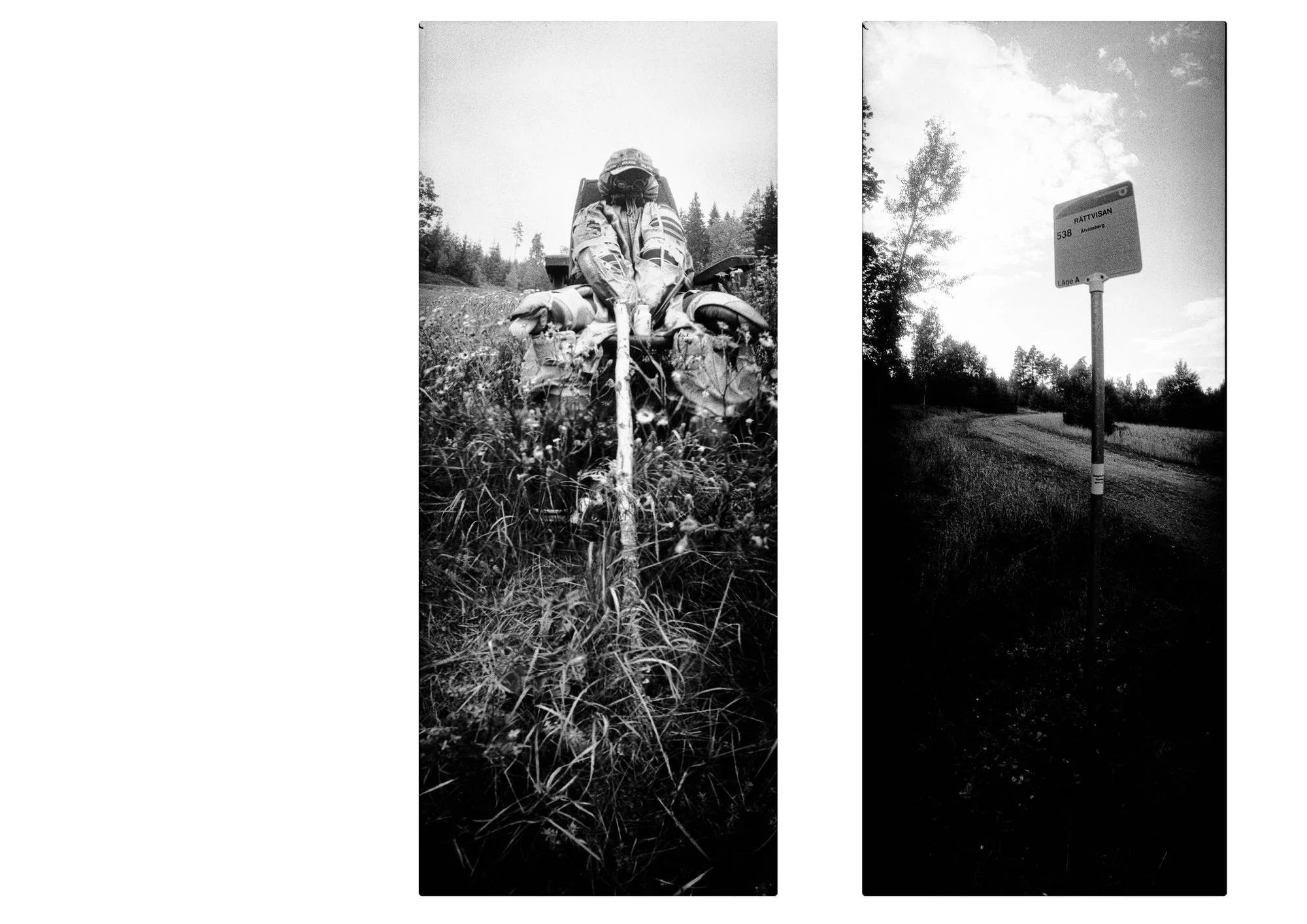 Two vertical black-and-white photographs arranged side by side. On the left, a scarecrow dressed in a helmet and protective clothing sits among tall grass and wildflowers, with a long narrow object extending towards the foreground. On the right, a bus stop sign marked “Rättvisan 538” stands beside a narrow rural road, with trees and open fields beneath a bright, cloud-filled sky.