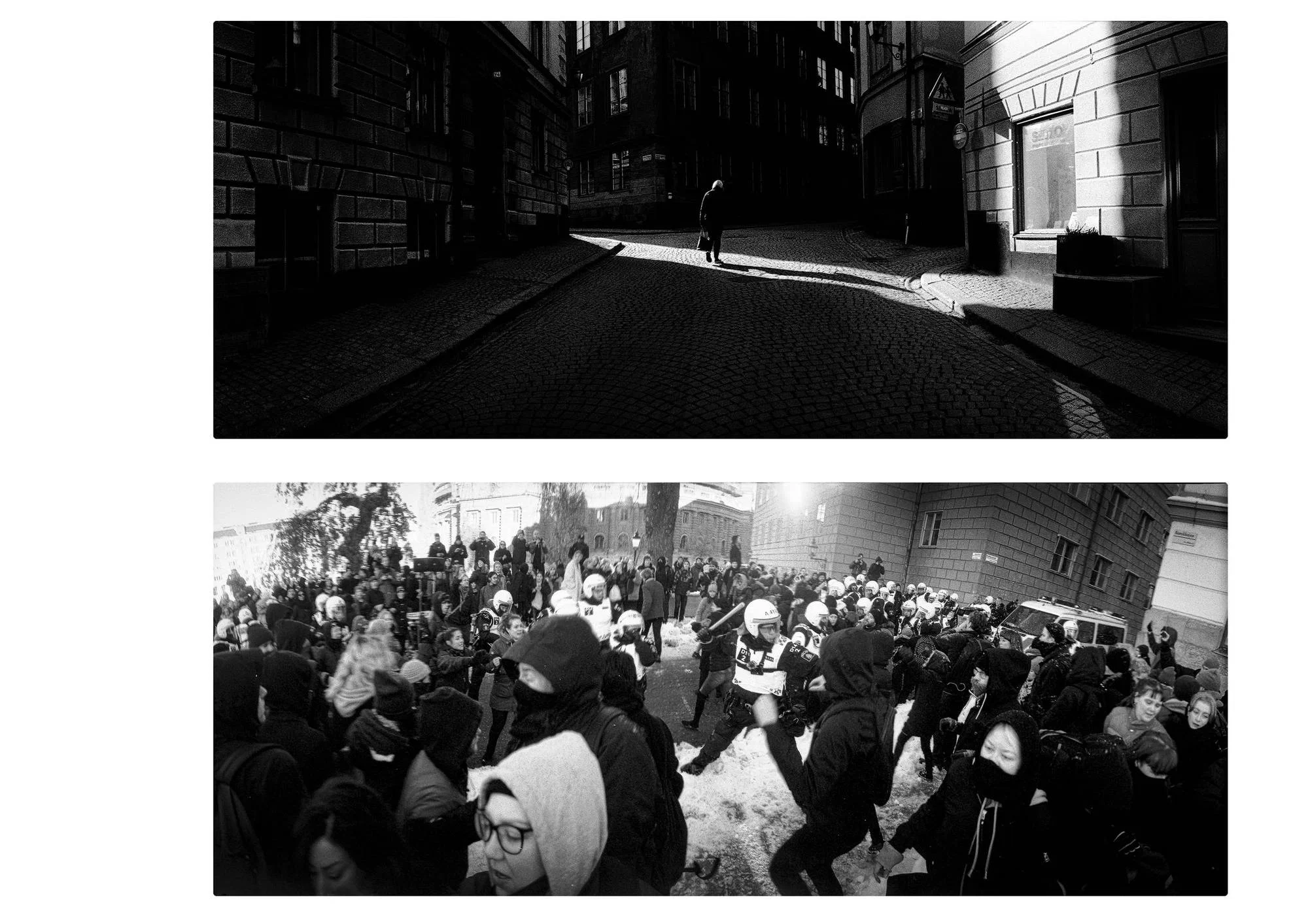 Two black-and-white panoramic photographs arranged vertically. The upper image shows a nearly deserted cobblestone street between tall buildings, with a solitary pedestrian crossing a narrow band of sunlight. The lower image shows a dense crowd of demonstrators and helmeted police officers in a snow-covered city street, with people in dark clothing and face coverings filling the foreground.