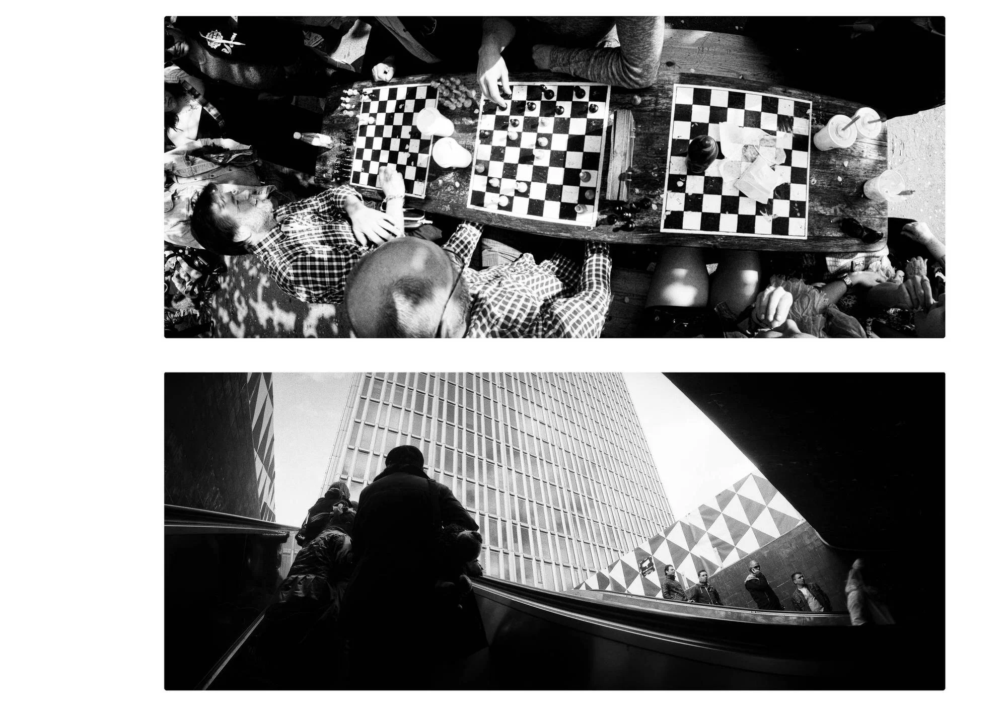 Two black-and-white panoramic photographs arranged vertically. The upper image looks directly down onto people gathered around a wooden table with three chessboards, scattered pieces, cups and papers. The lower image looks upwards from an escalator towards a tall modern building with closely spaced vertical windows, while several people stand or move along the escalator and an adjacent walkway.