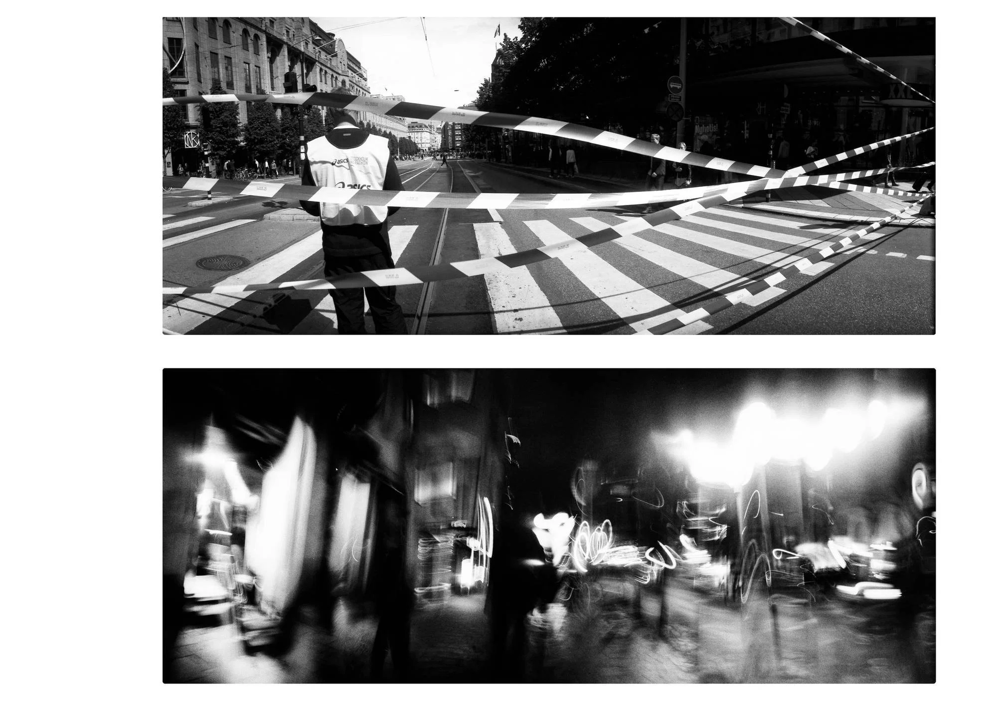 Two black-and-white panoramic photographs arranged vertically. The upper image shows a city intersection crossed by multiple strips of striped barrier tape, with a person standing behind them on a pedestrian crossing and tram tracks extending into the distance. The lower image shows a nighttime street scene distorted by motion blur, with indistinct pedestrians, bright streetlights and looping trails of light against dark buildings.