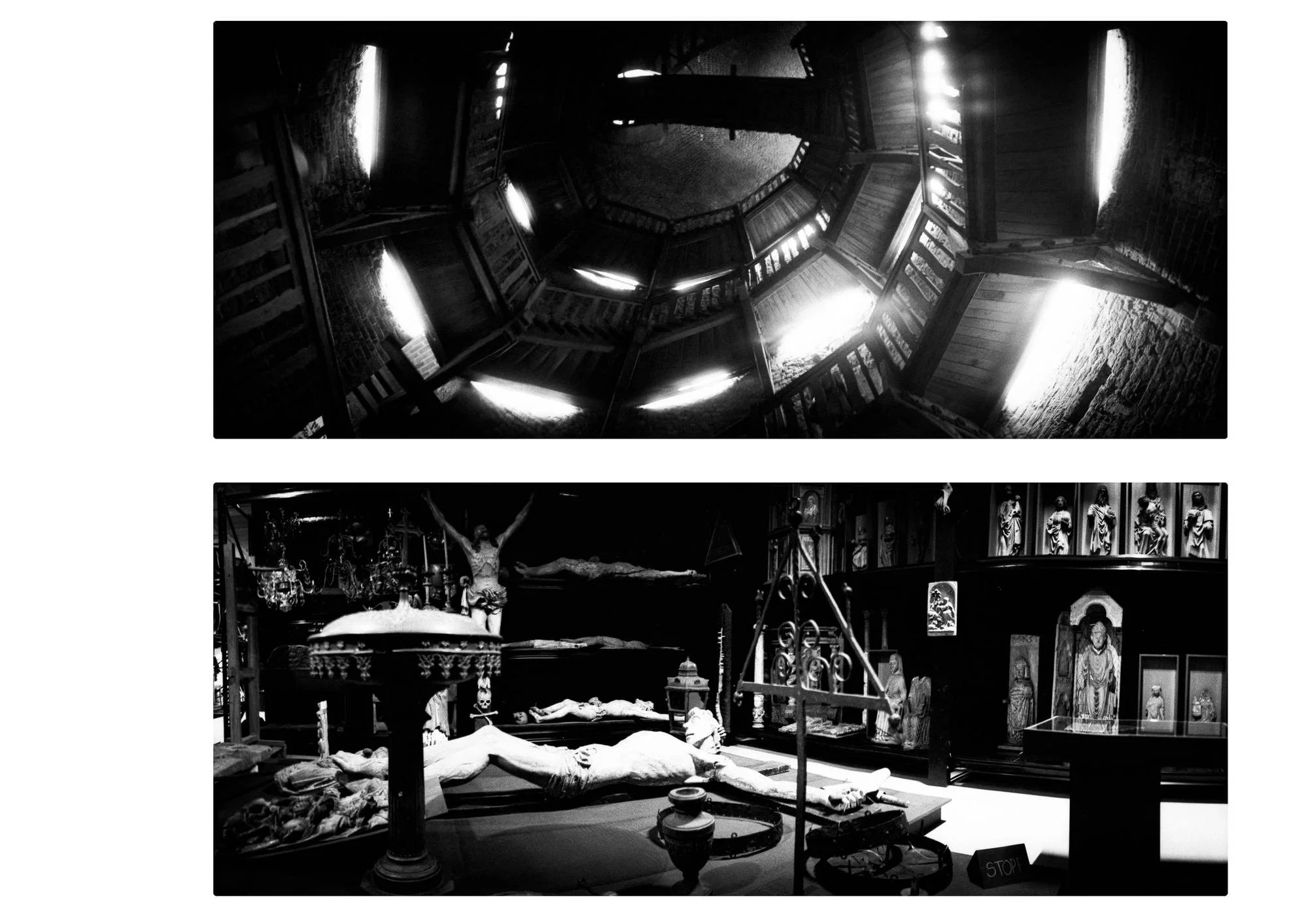 Two black-and-white panoramic photographs arranged vertically. The upper image looks upwards into a tall, enclosed wooden structure, where beams, platforms and narrow openings form a circular arrangement around a dark central space, with bright daylight entering through gaps. The lower image shows a dimly lit exhibition room filled with religious sculptures and objects, including several reclining human figures, crucifixes, ornate metalwork and framed devotional images.