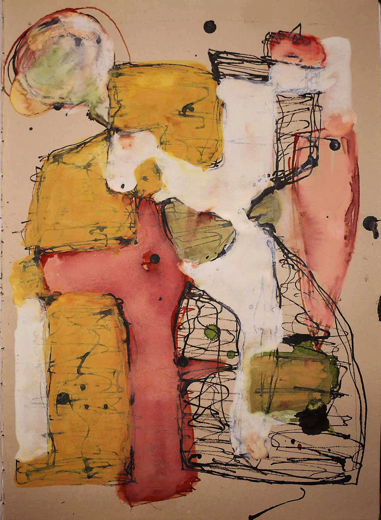 An abstract composition on brown paper combining irregular blocks of yellow, red and olive green with broad white painted areas. Loose black lines trace angular shapes and tangled loops across the page, punctuated by scattered black dots.