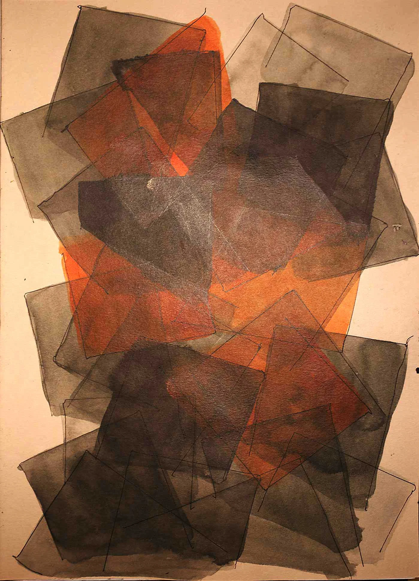 Overlapping translucent rectangles and angular shapes in charcoal grey, brown and bright orange fill a vertical page. Thin dark outlines intersect the layered forms, creating darker areas where the shapes overlap.