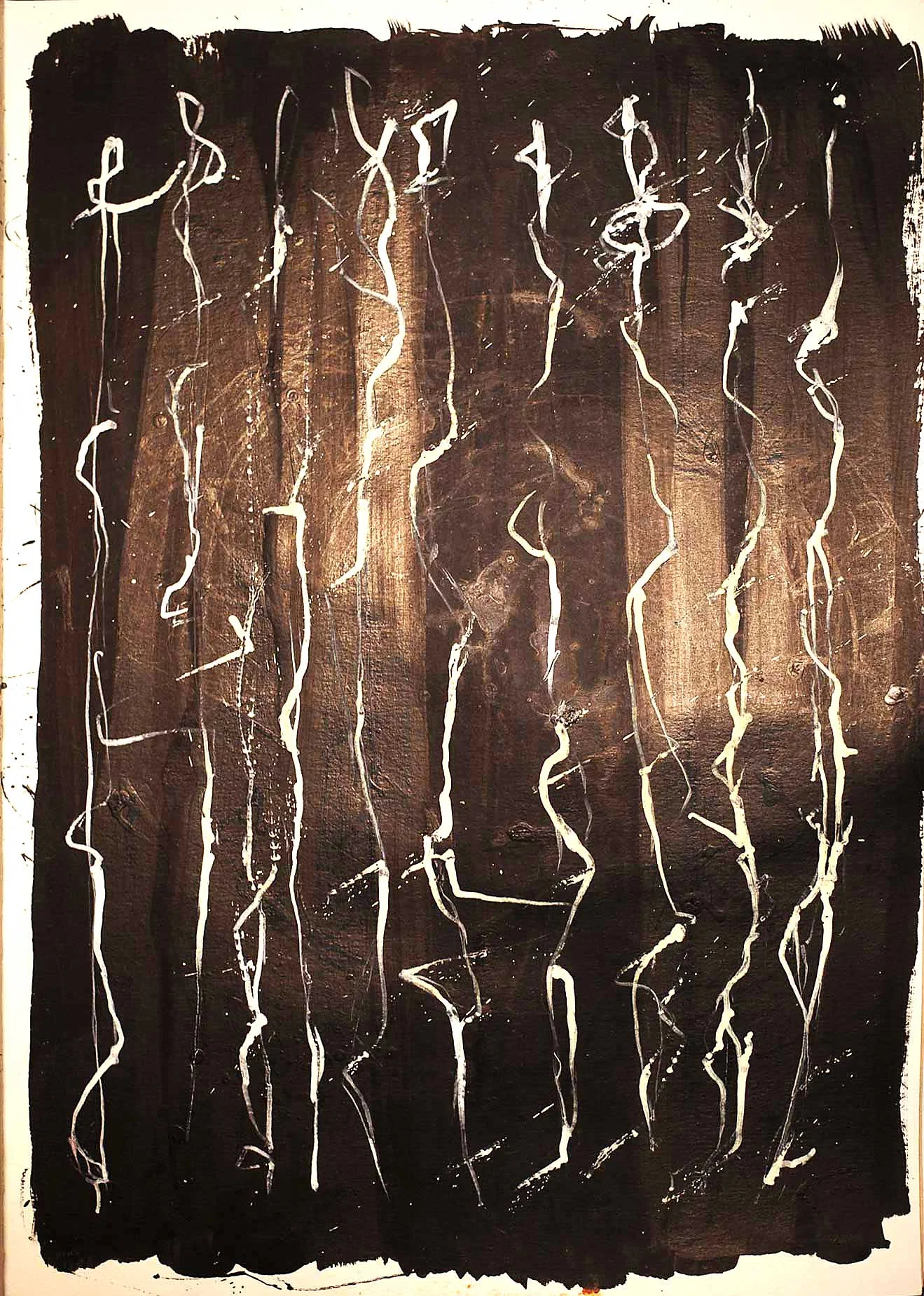 A nearly black painted rectangle covers most of the page, leaving a narrow cream-coloured border. Long, irregular white lines descend through the dark surface, bending, looping and occasionally breaking into smaller marks.