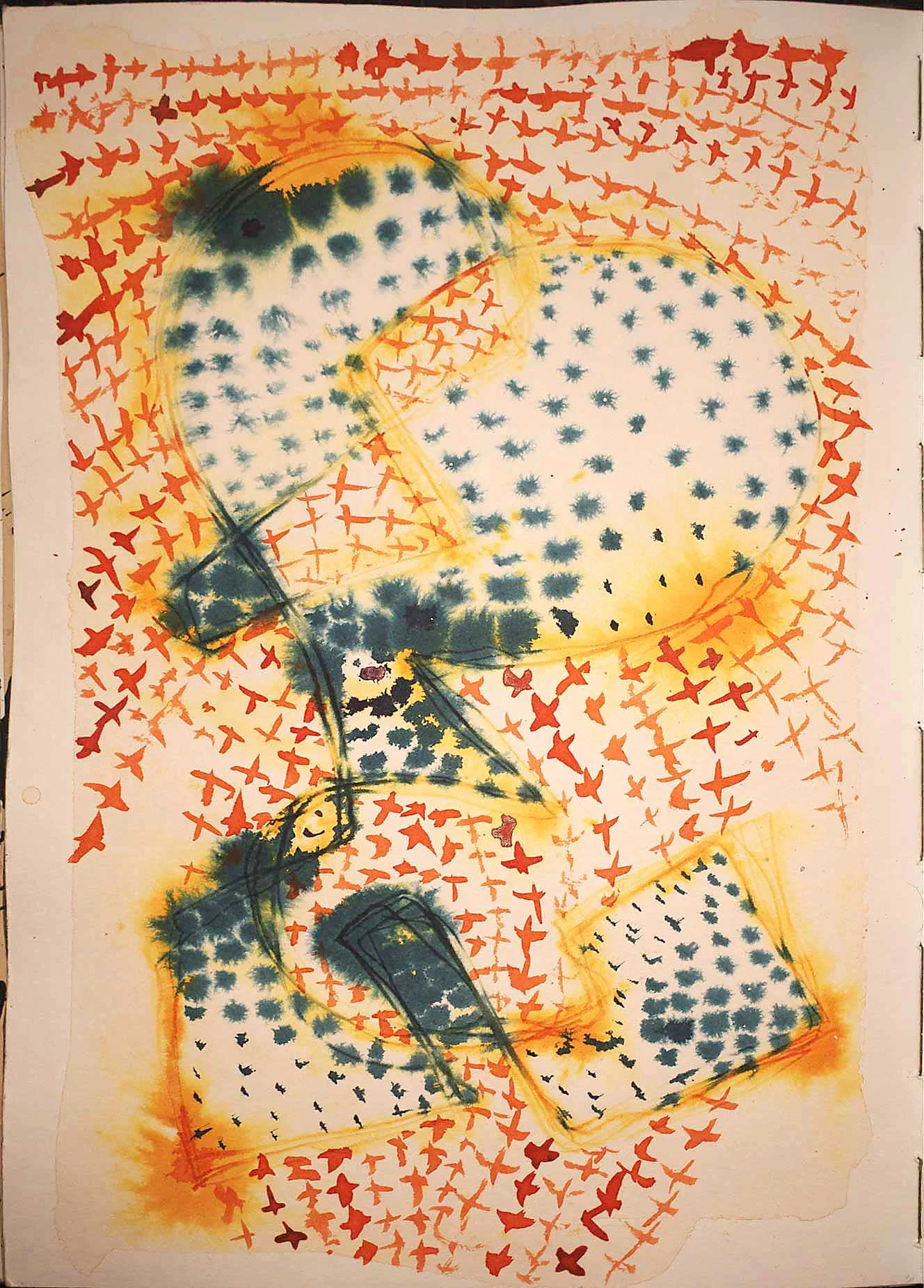 An abstract composition of overlapping rounded and angular forms in pale yellow and blue-green, surrounded by hundreds of small orange-red cross-shaped marks. Darker blue-green spots cluster within the larger shapes, while thin curved lines connect parts of the composition.