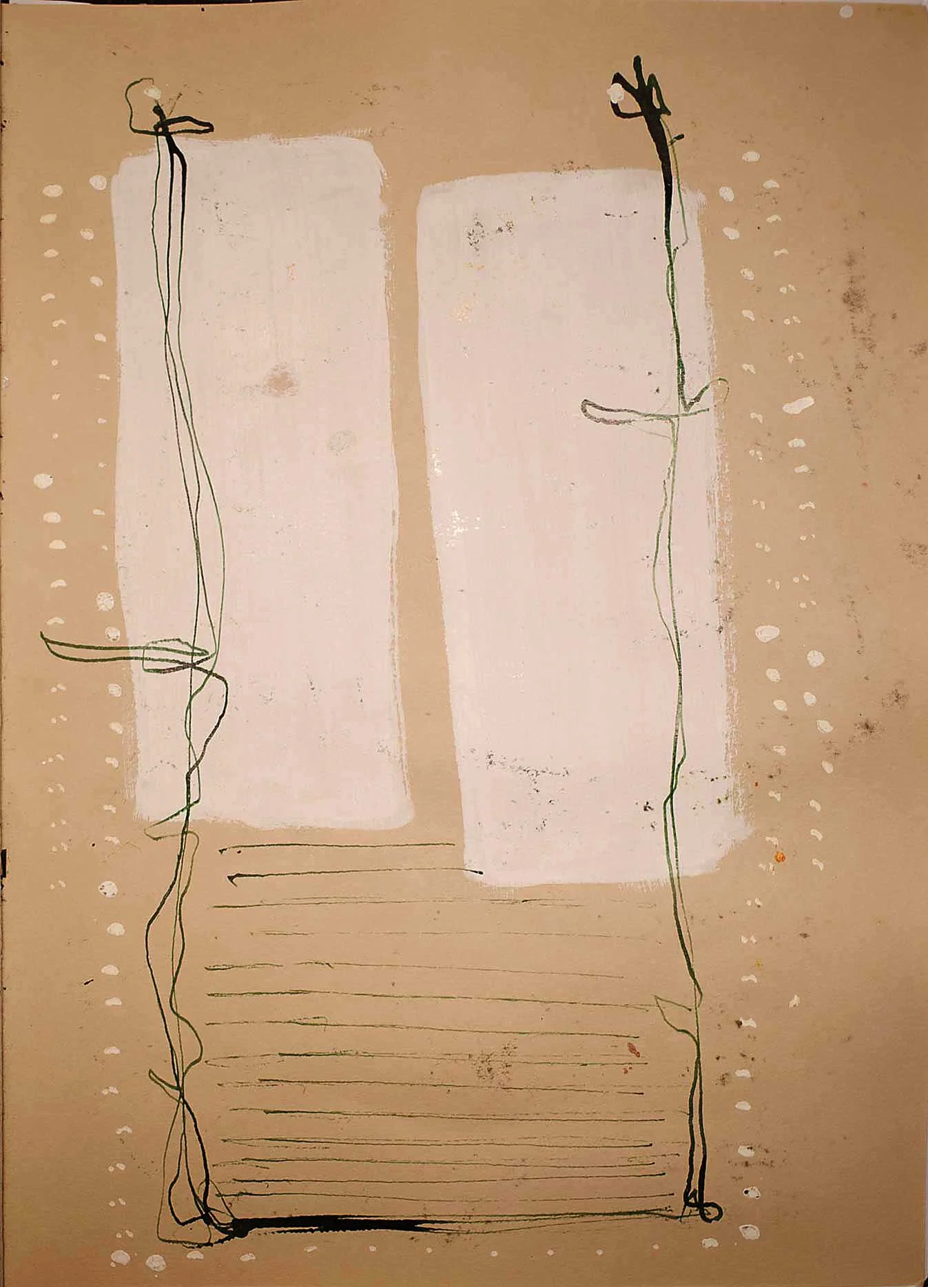 A sparse composition on brown paper. Two tall, roughly rectangular white painted areas stand side by side, framed by thin, wavering dark green lines. Horizontal lines fill the lower centre, with small white dots scattered along both sides.