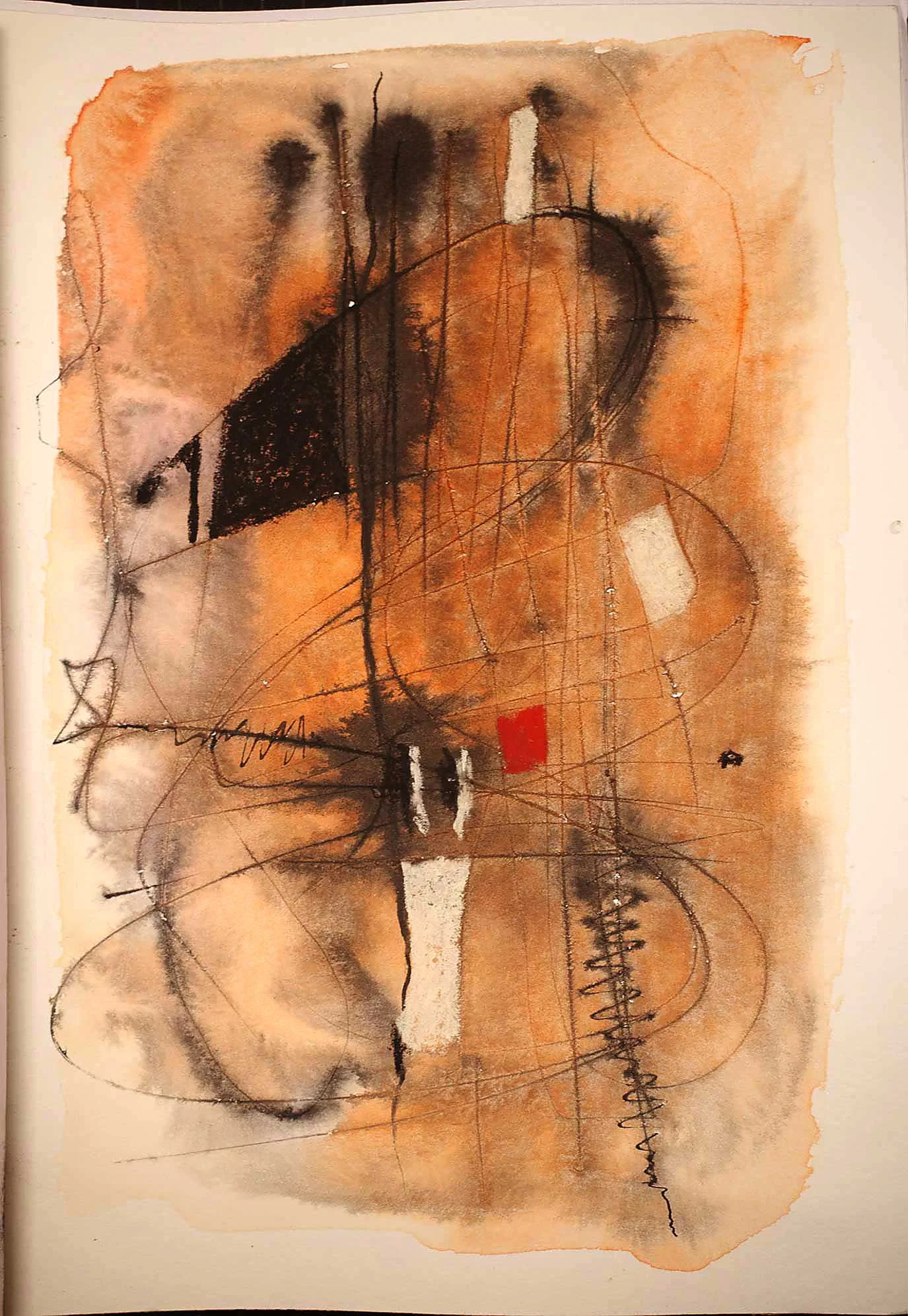 An abstract composition of diffuse orange, brown and grey washes crossed by thin, looping black lines. Dark ink pools and vertical drips gather around the centre, with small white marks and a single bright red square interrupting the muted colours.