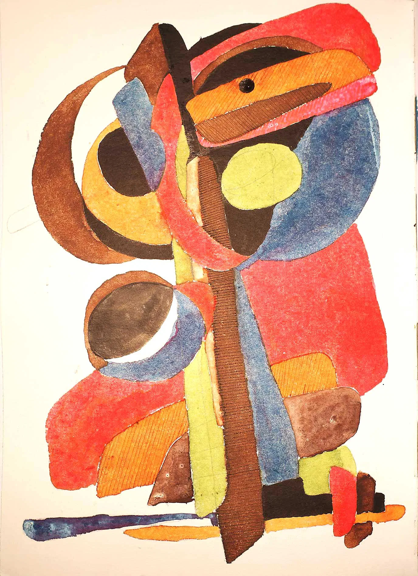 A dense arrangement of overlapping curved and elongated shapes in red, orange, yellow, blue, brown and black. Several forms contain fine parallel stripes, while others are filled with solid colour. A small black circle appears near the upper centre.