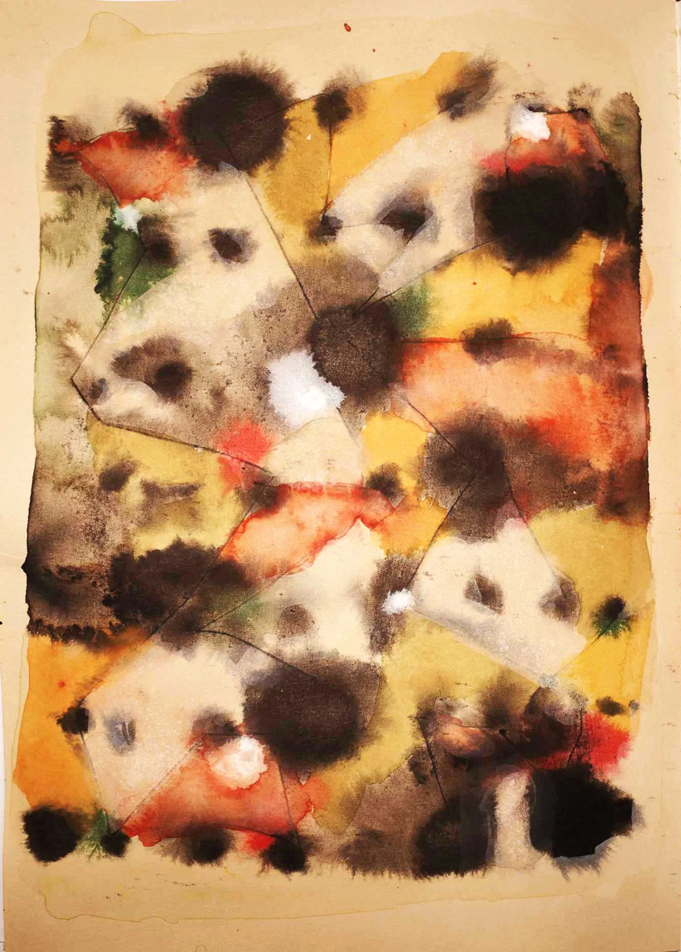 Soft-edged black and brown ink blots spread across layered washes of yellow, orange, red and pale green. Thin diagonal lines connect parts of the composition, and irregular pale areas interrupt the darker patches.