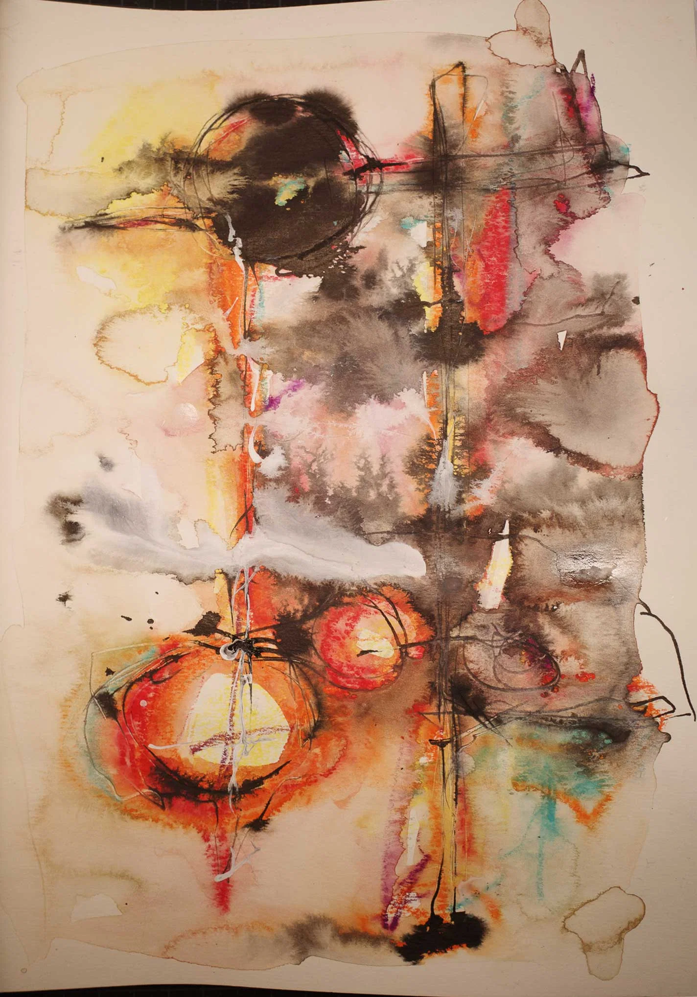 An abstract composition of spreading grey, black, orange and red washes. A large dark circular form occupies the upper left, while smaller red and orange circles appear below. Thin black lines, vertical streaks and pale marks cross the layered colours.