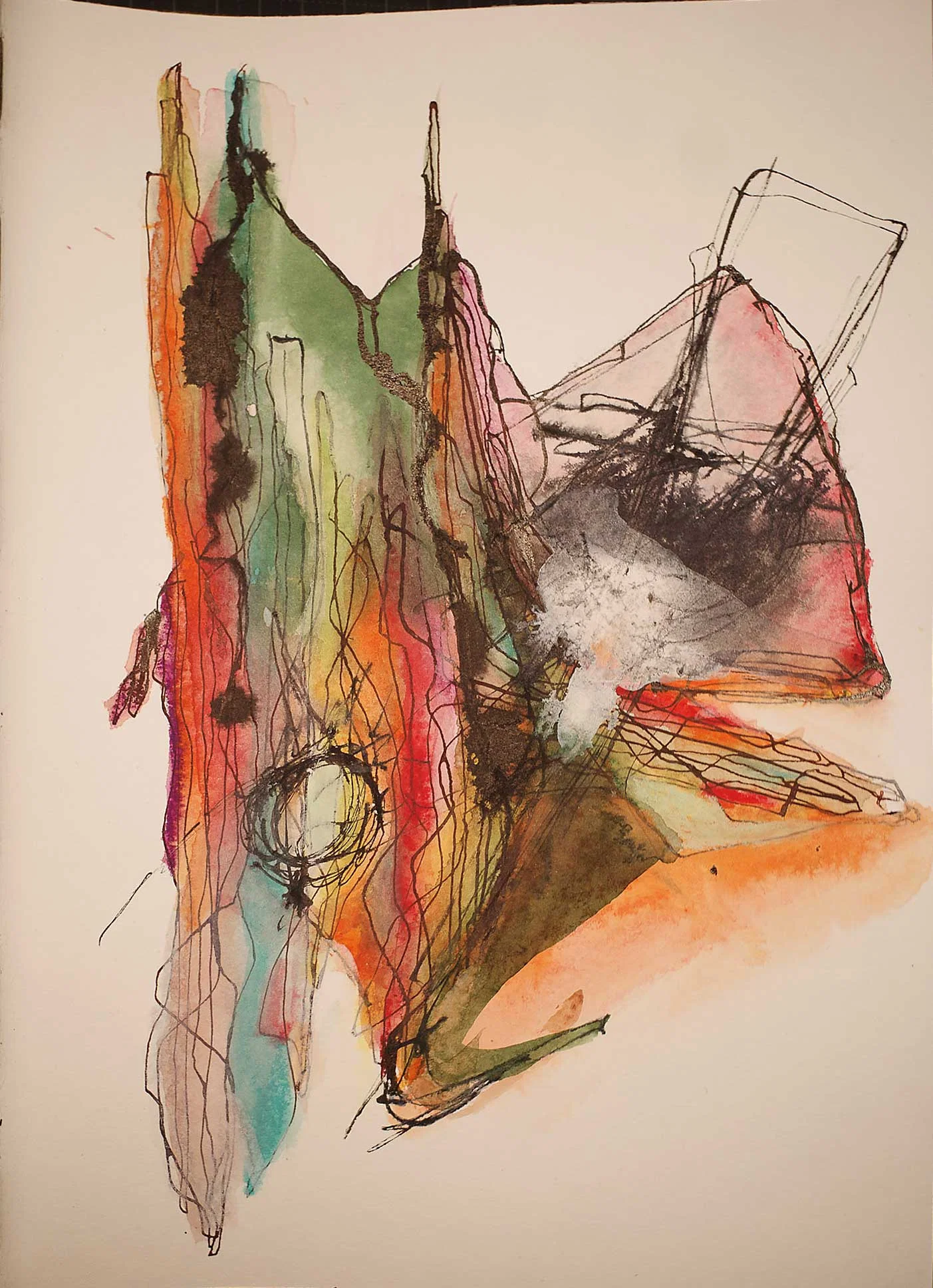 A vertical arrangement of translucent green, orange, pink and grey washes overlaid with loose black lines. Tall, narrow forms rise on the left, while angular shapes and a dense dark area extend to the right. A small circular cluster of black lines appears near the lower left.