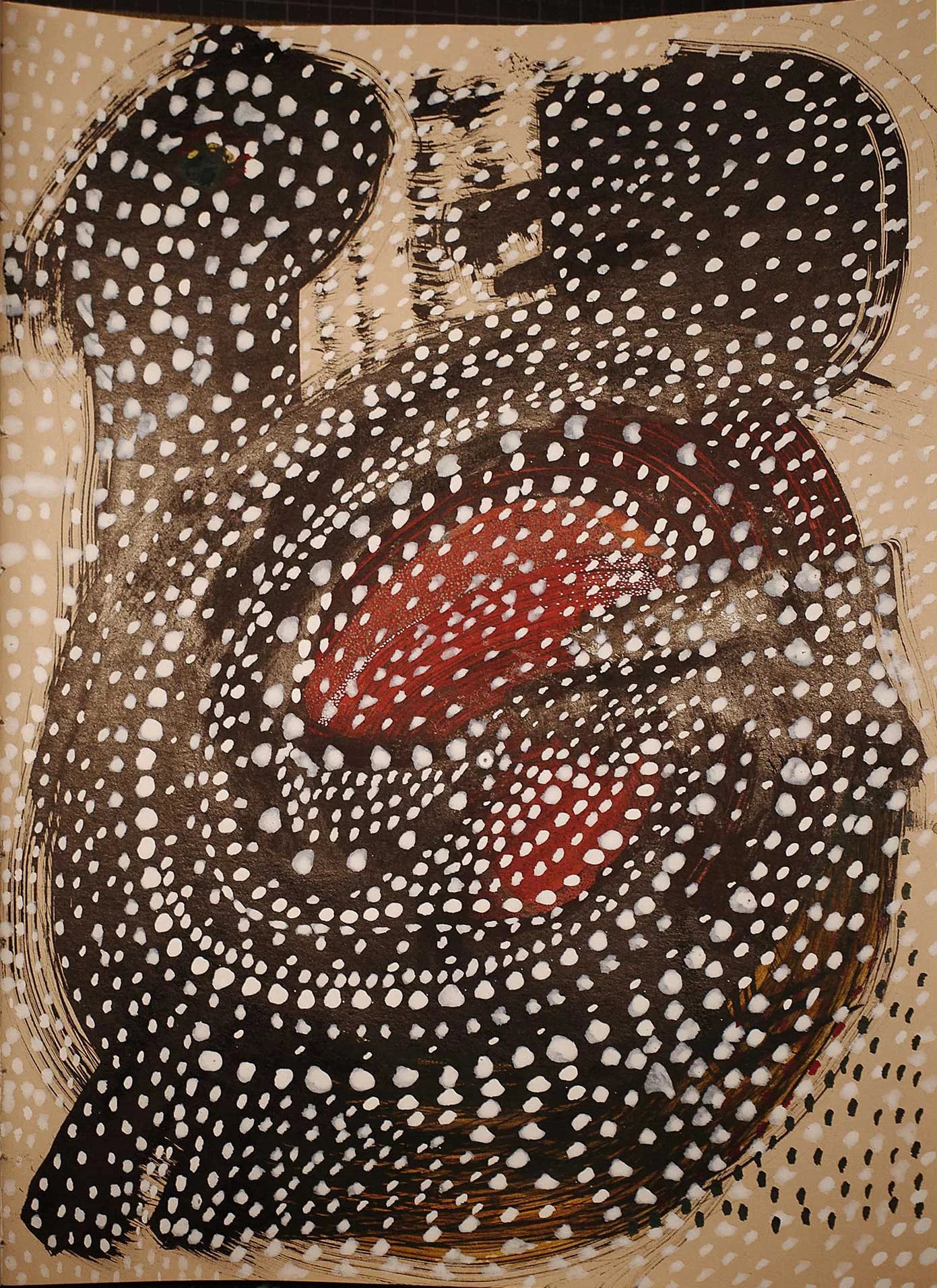 A dense, dark abstract form fills most of the page, covered with hundreds of irregular white dots. Two rounded projections extend across the upper part, while curved red shapes appear within the darker central area. White dots continue onto the surrounding brown paper.