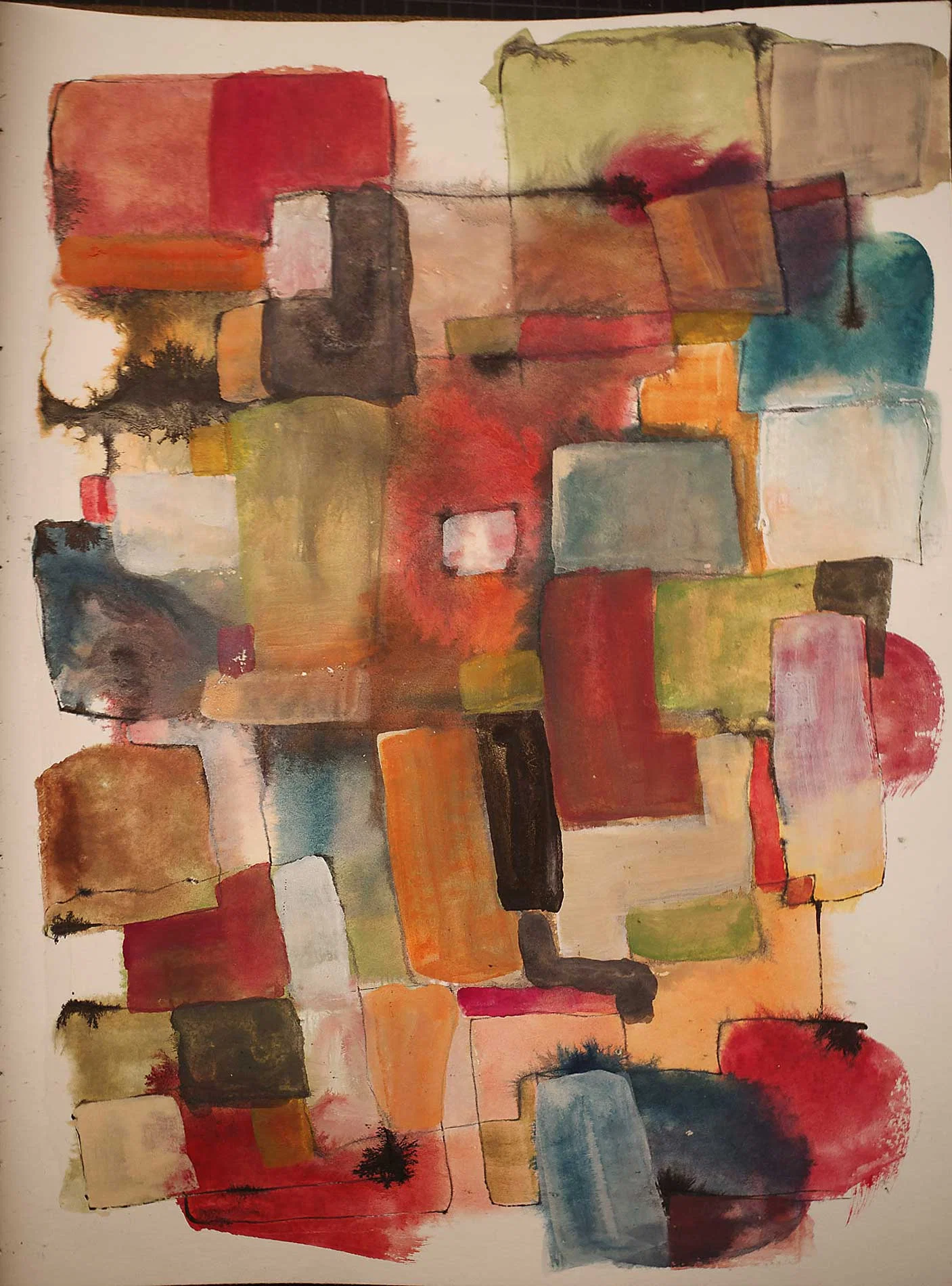 Overlapping rectangular blocks of red, orange, ochre, green, blue-grey, pink and dark brown form a dense vertical composition. Their edges range from sharply defined to softly blended, with occasional thin black outlines and dark ink-like marks.
