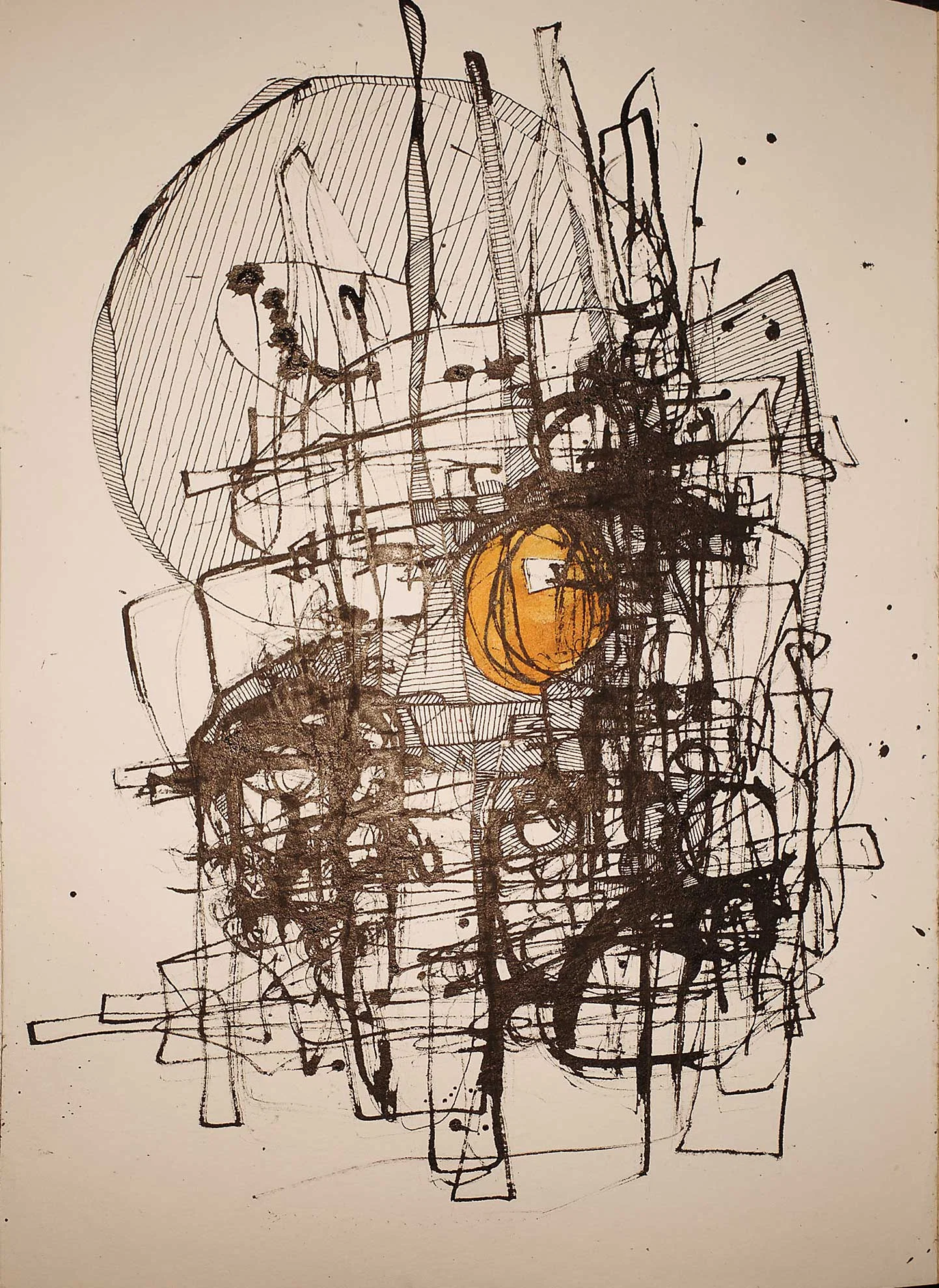 A dense network of black ink lines, loops, rectangles and hatched shapes occupies the centre of a cream-coloured page. A large striped circular form sits behind the upper left of the drawing, and a small ochre-yellow circle stands out near the centre.