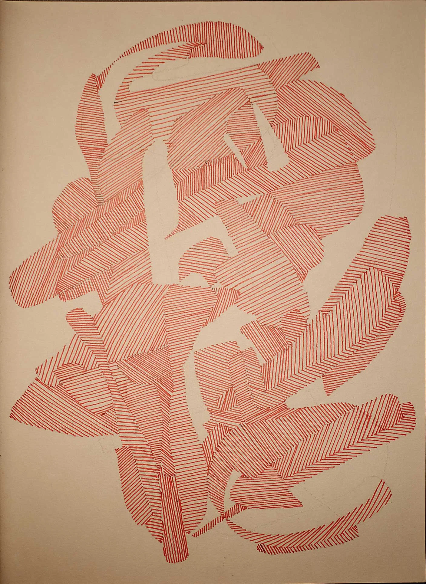 An abstract composition made entirely from fine red parallel lines on brown paper. The lines form overlapping curved and angular bands, repeatedly changing direction and leaving irregular areas of unmarked paper between them.