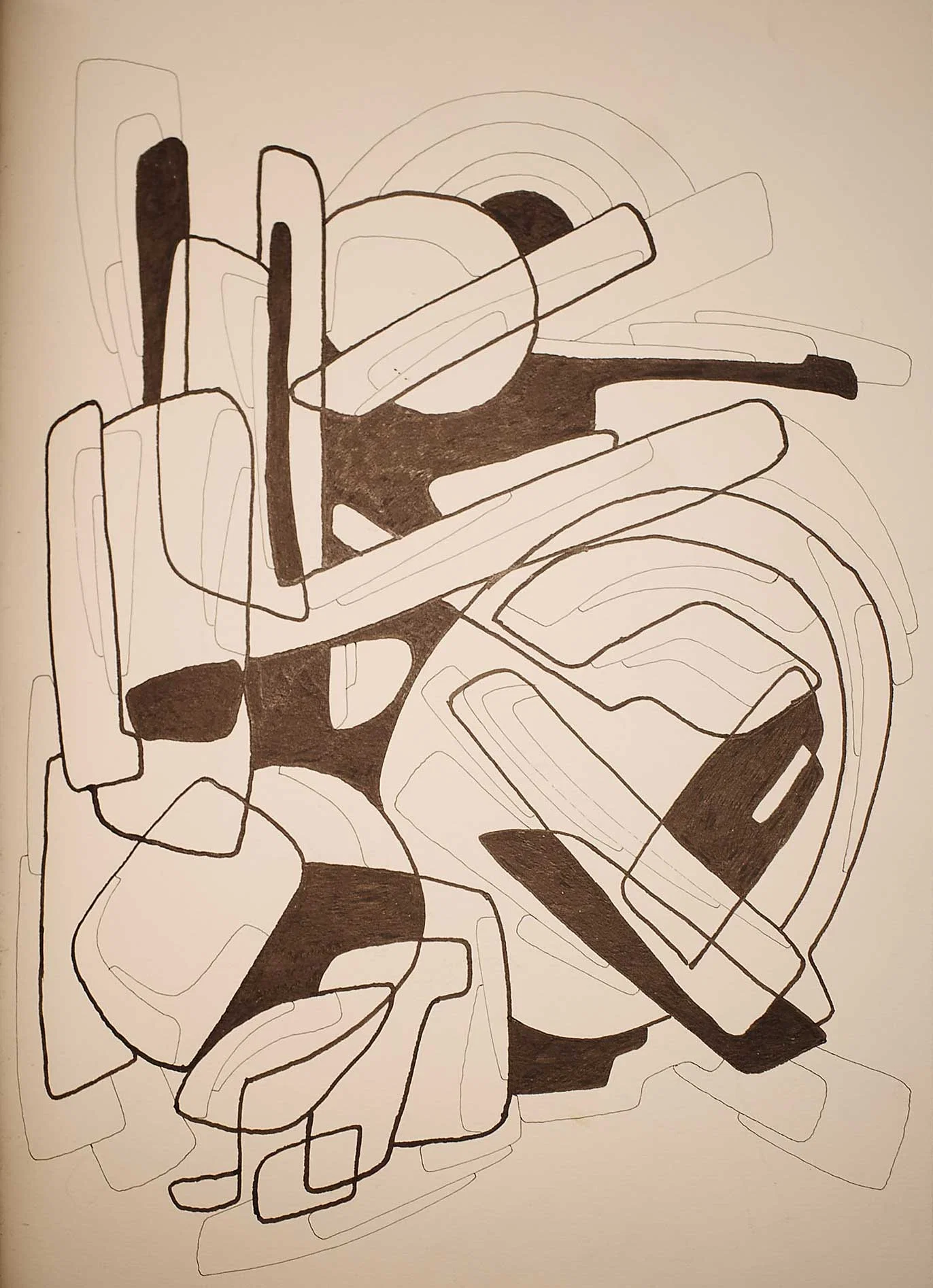 An abstract black-and-white line drawing on cream paper. Thick dark shapes and numerous rounded rectangular outlines overlap across the page, accompanied by finer grey contour lines and broad curved bands.