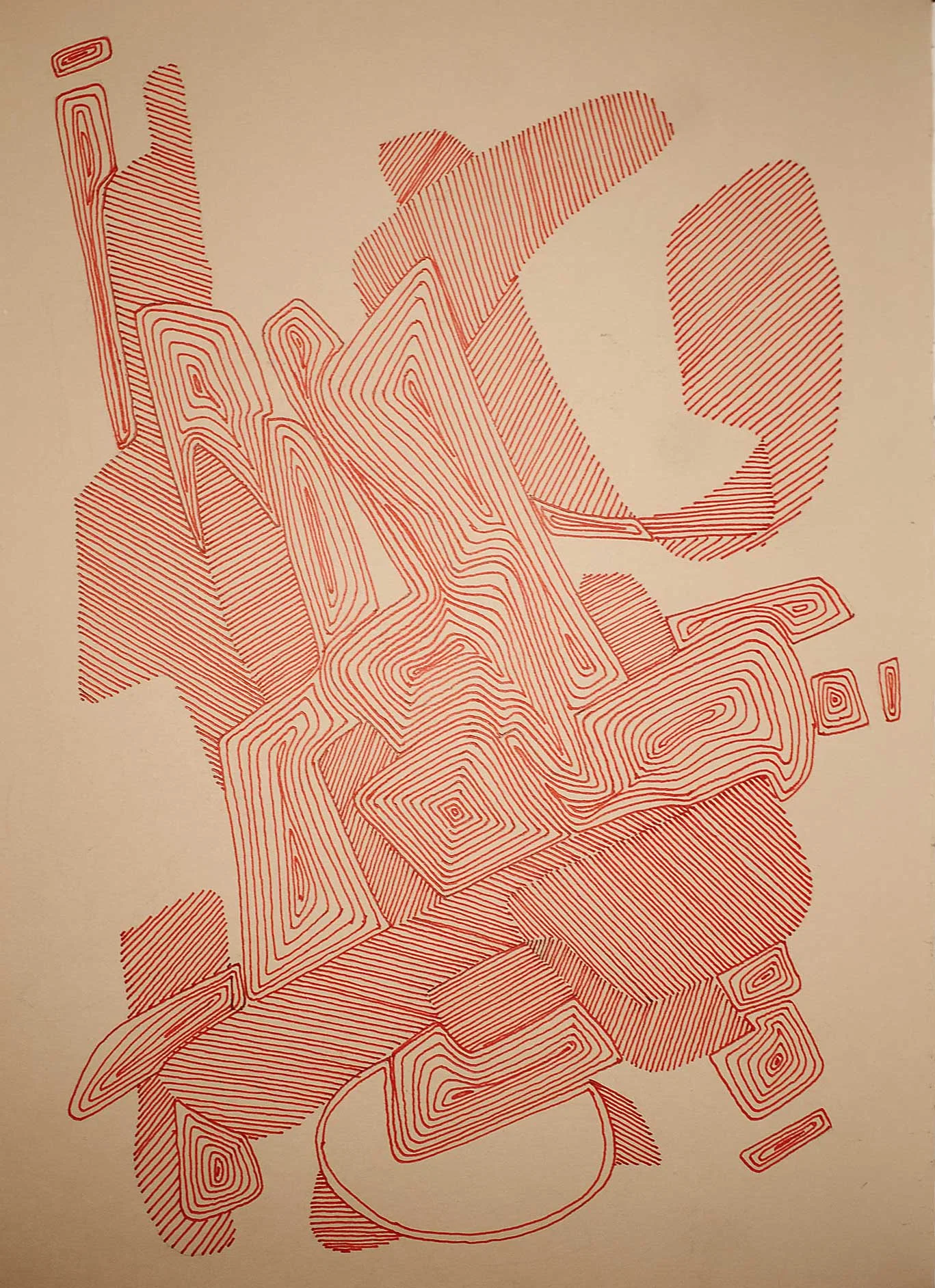 An abstract composition of closely spaced red lines on brown paper. Some lines run diagonally across rounded shapes, while others follow nested angular contours, creating layered, maze-like forms around areas of exposed paper.