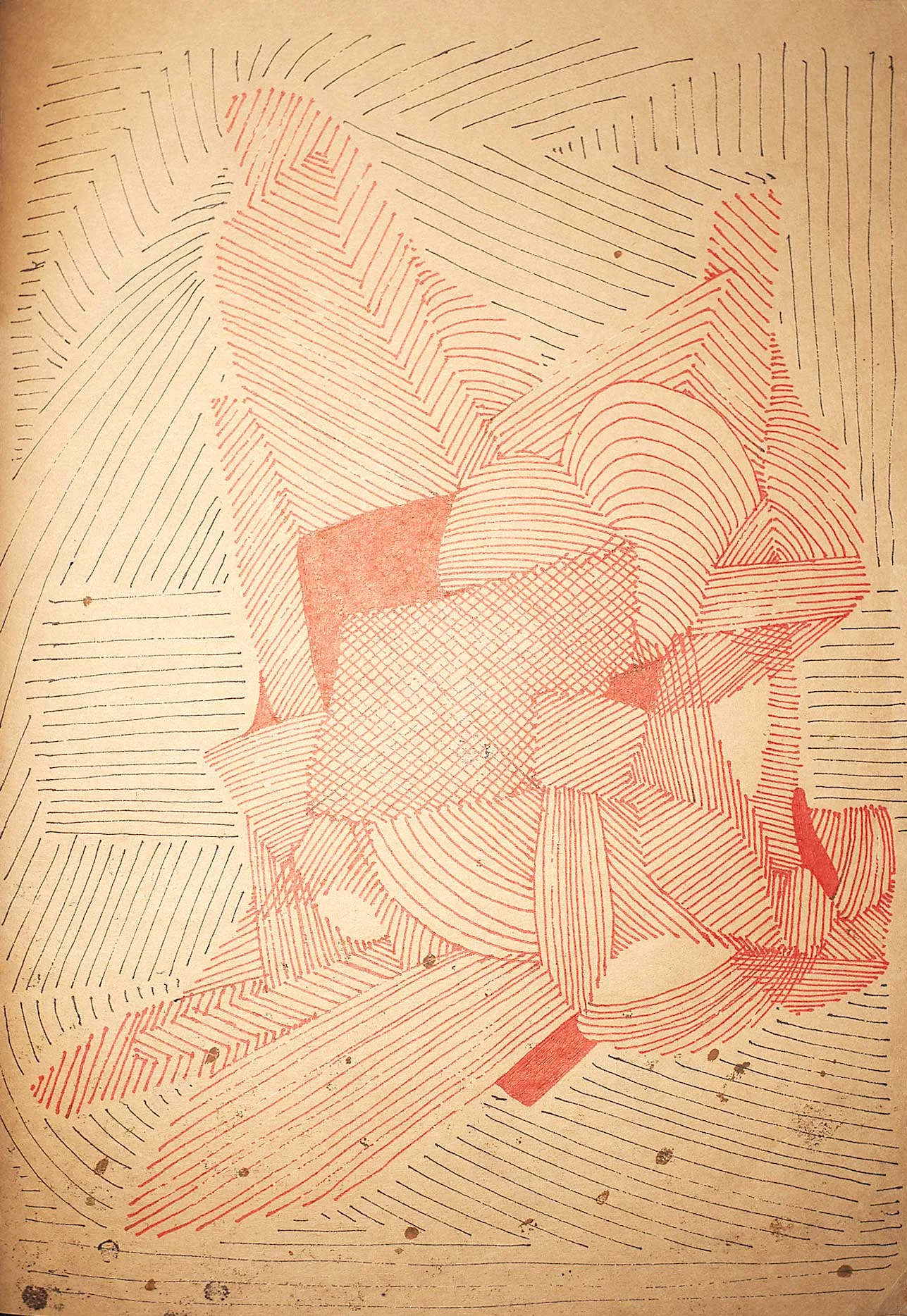 Fine red and black lines form overlapping geometric and curved shapes across a brown page. Red parallel lines bend into nested angles and arches around a central crosshatched area, while longer black lines extend toward the edges.