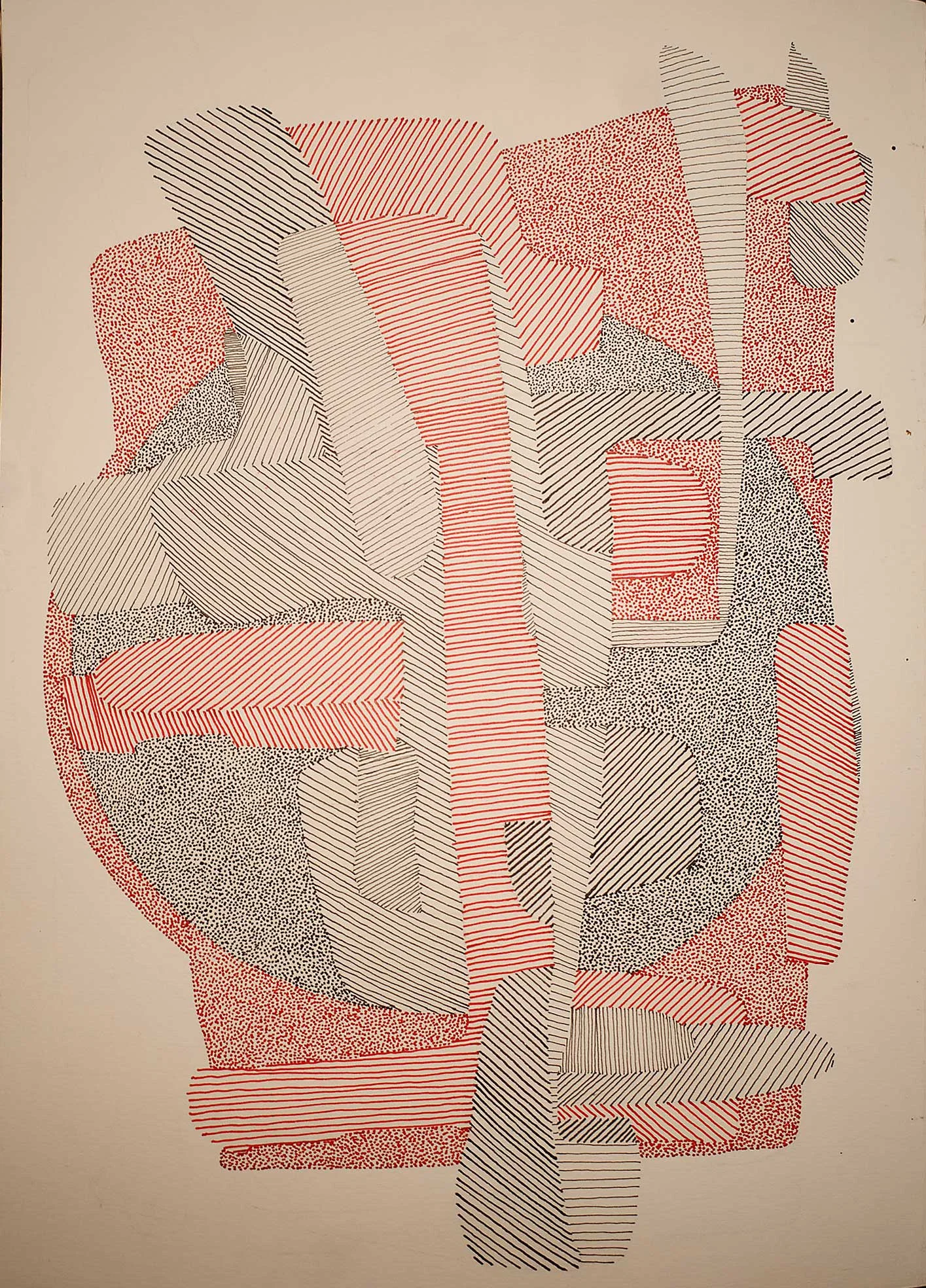 A dense arrangement of overlapping angular and curved forms constructed from fine red and black parallel lines and fields of tiny dots. The marks change direction between adjacent shapes, creating a layered composition against the plain brown paper.