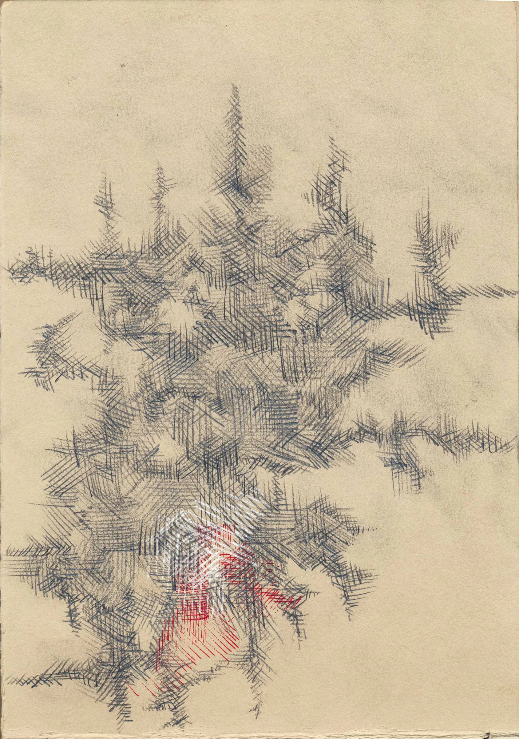 A vertical abstract drawing on yellowed paper, made from dense clusters of short, intersecting dark pencil lines. The marks form branching, angular structures with large areas of empty paper above them. Small groups of red strokes appear near the lower centre.