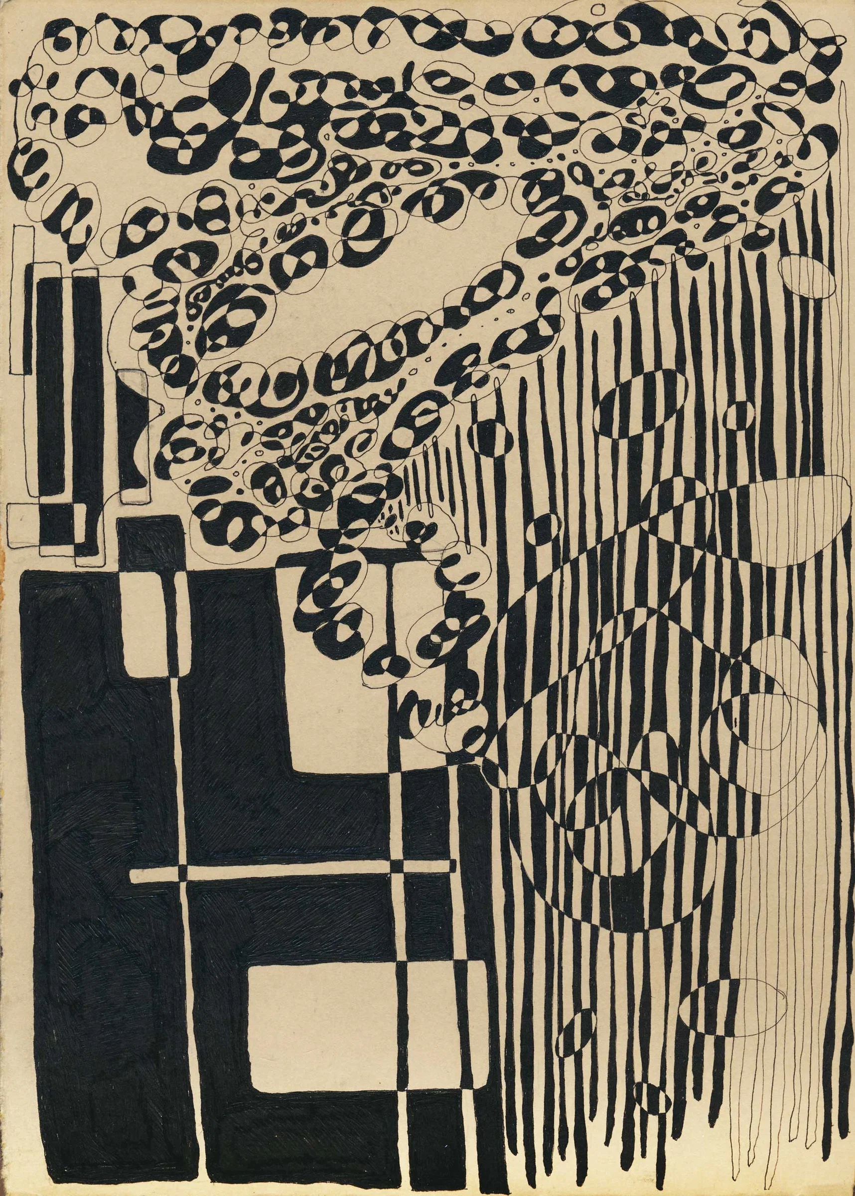A black-and-white abstract drawing on aged paper. Thick rectangular black shapes and narrow vertical stripes occupy the lower half, while the upper half is filled with overlapping loops, oval forms and fine curving lines.
