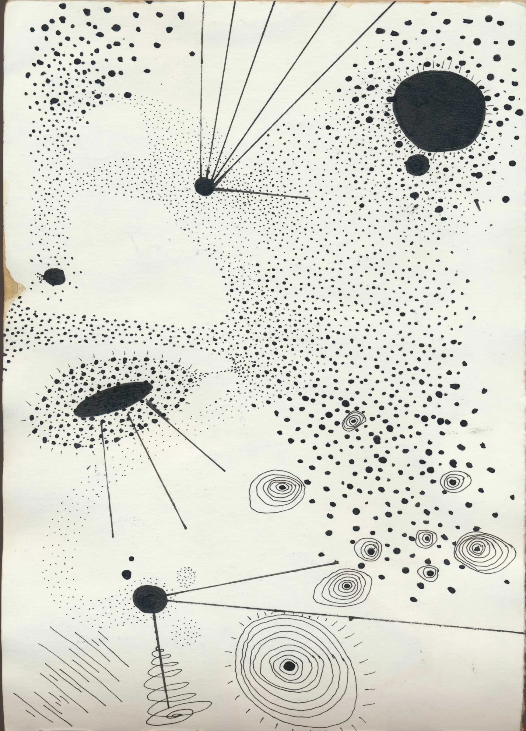 An abstract black ink drawing on white paper. Hundreds of dots form loose, swirling clusters around several solid black circles and ovals. Long straight lines radiate from some of the dark shapes, while concentric rings appear near the bottom.