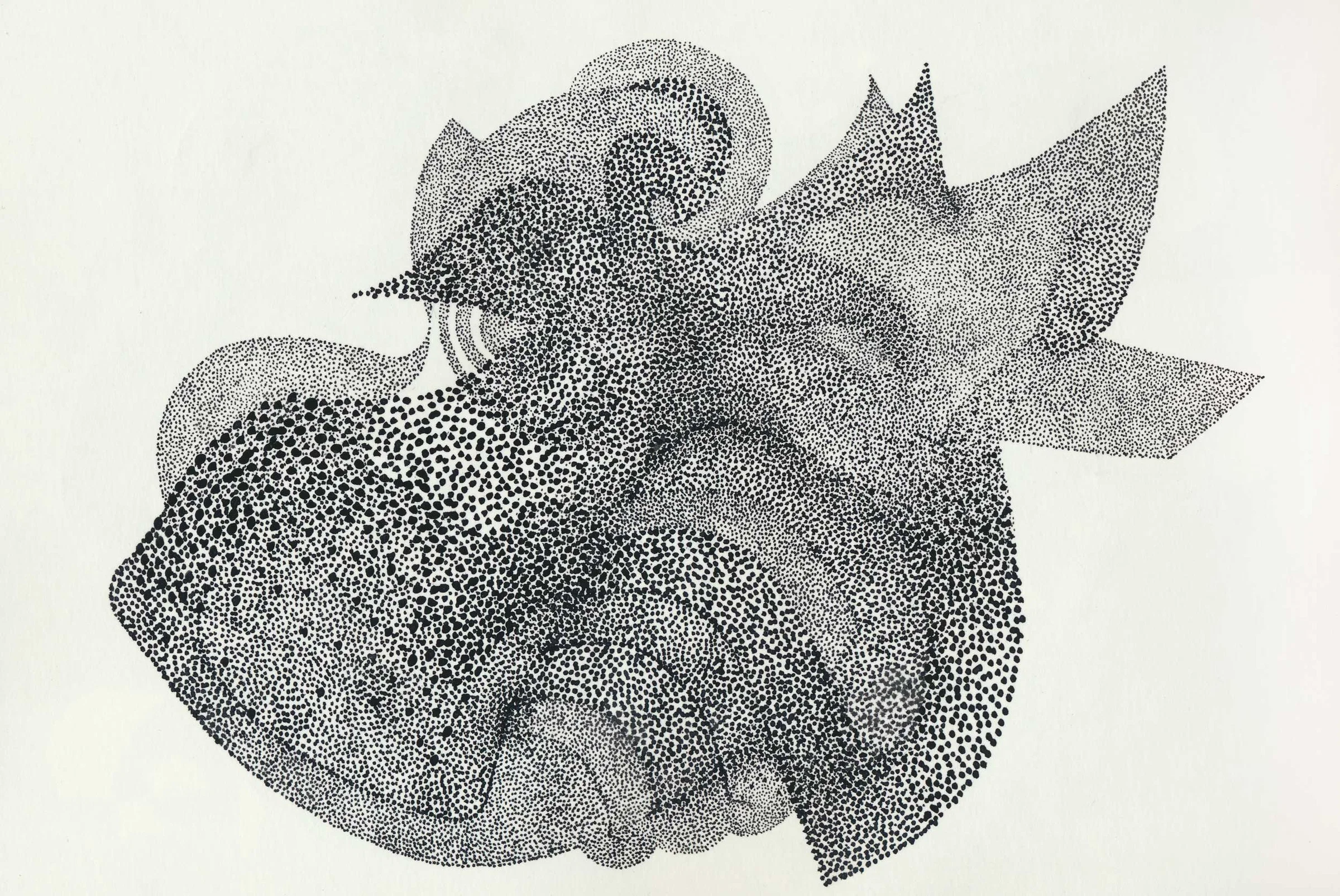A horizontal abstract composition formed from densely packed black dots on white paper. Rounded, overlapping shapes, spirals and pointed geometric forms merge into a single irregular mass, with varying dot sizes creating areas of light and shadow.