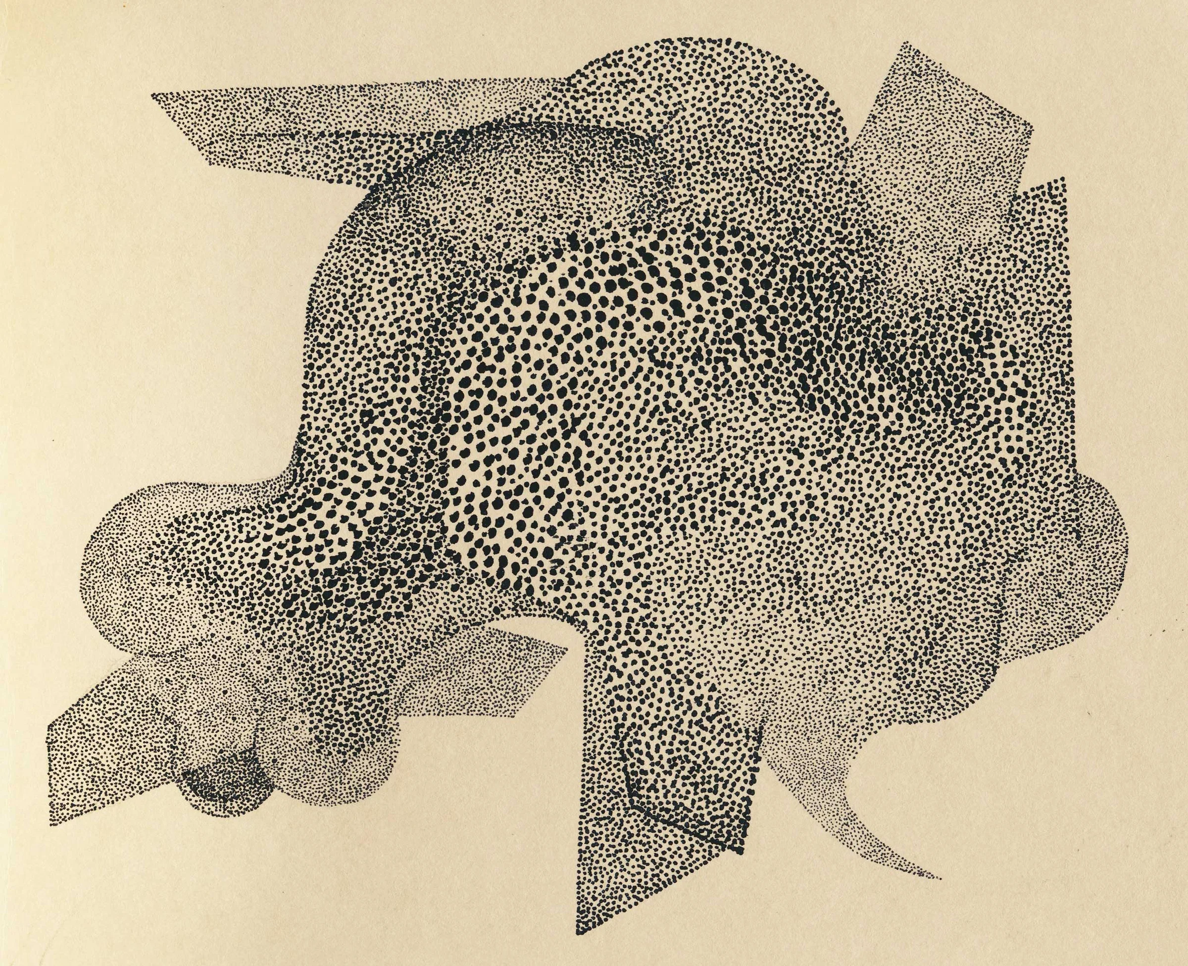 A horizontal abstract composition on warm yellowed paper. Dense black stippling forms overlapping rounded shapes, angular extensions and curved projections. The concentration of dots varies across the image, creating contrasting areas of darkness and transparency.
