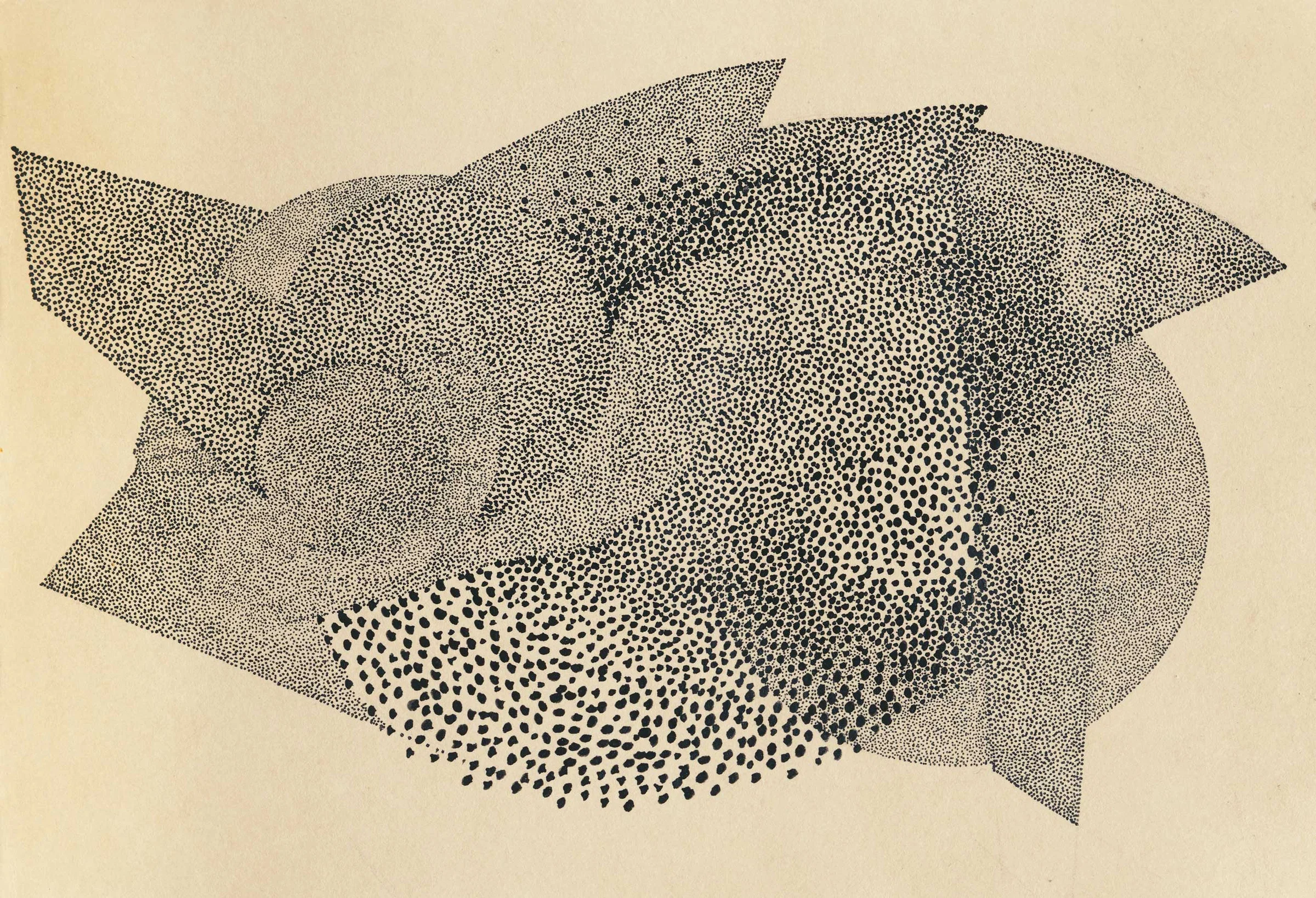 A horizontal abstract composition made from thousands of black dots on cream-coloured paper. Overlapping pointed, rounded and ribbon-like shapes extend across the page, with darker clusters of stippling concentrated near the centre and lower edge.