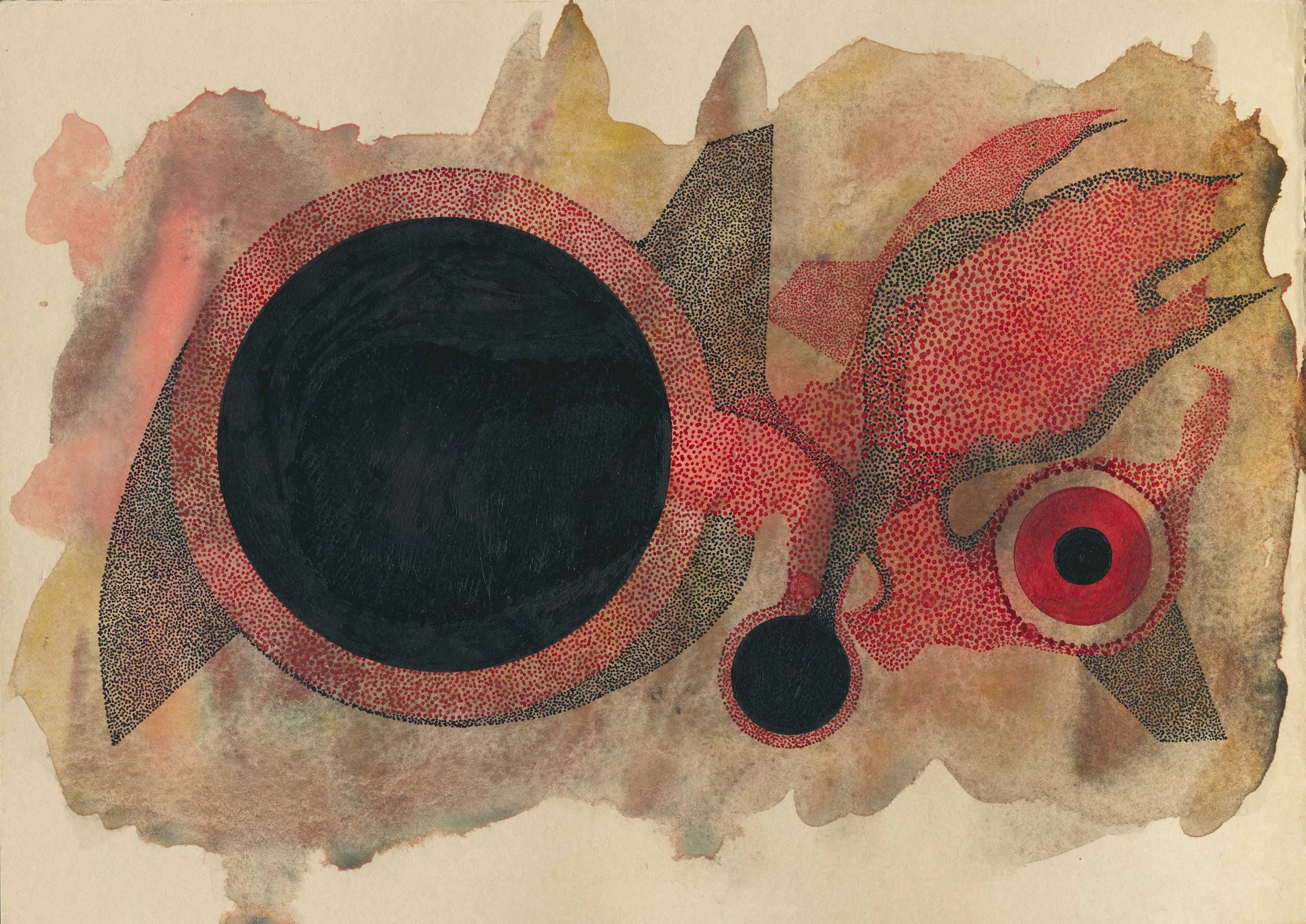 An abstract composition of red and black circular forms against an irregular wash of muted brown, ochre and pink. A large black disc surrounded by a red dotted ring dominates the left side, while smaller circles and branching red stippled shapes occupy the right.