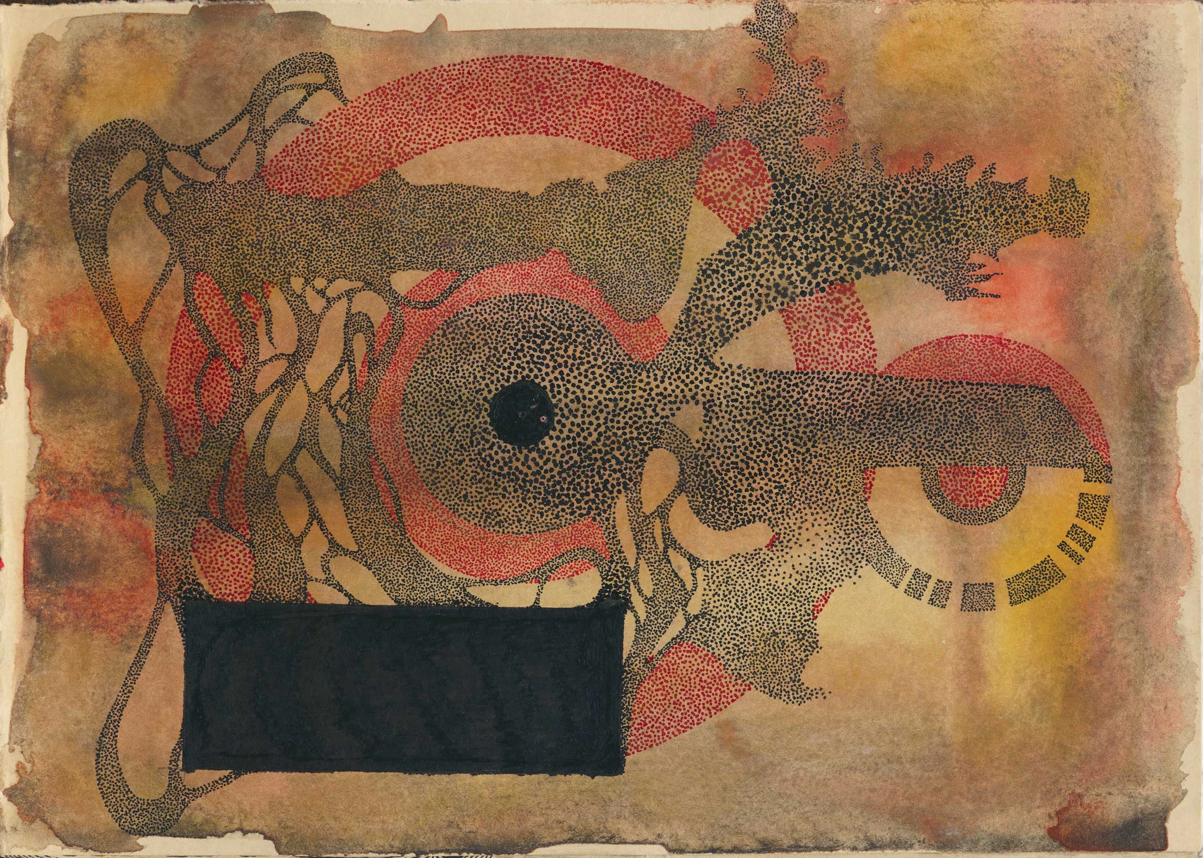 An abstract composition on a mottled brown and ochre background. Red circular bands, black stippled forms and tangled looping lines overlap across the page. A dark rectangular block anchors the lower left, while a segmented circular shape appears on the right.