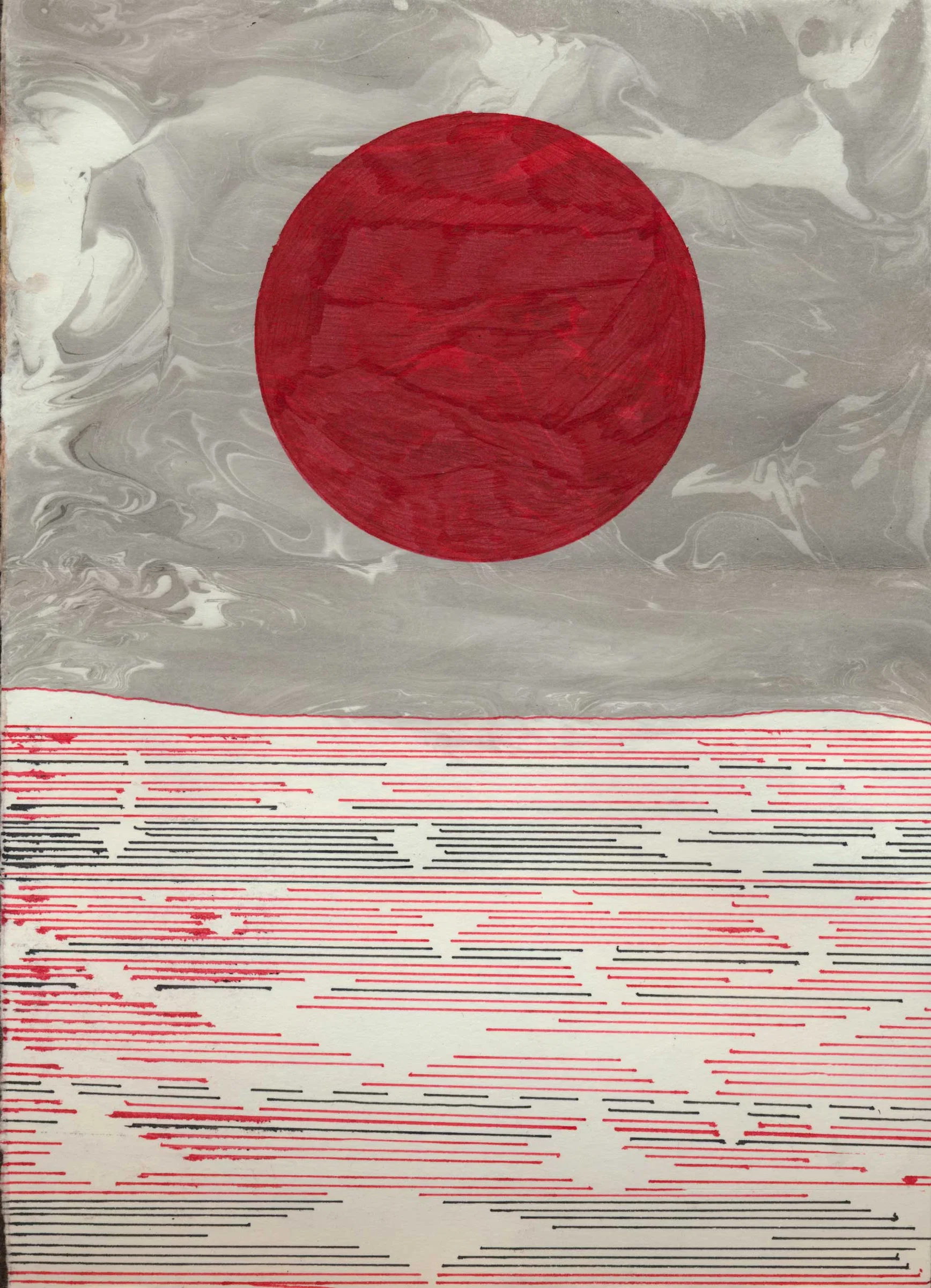 A vertical abstract composition divided into two contrasting areas. A large painted red circle sits against a marbled grey-and-white background above. Below, closely spaced horizontal red and black lines extend across the pale paper in broken, uneven bands.