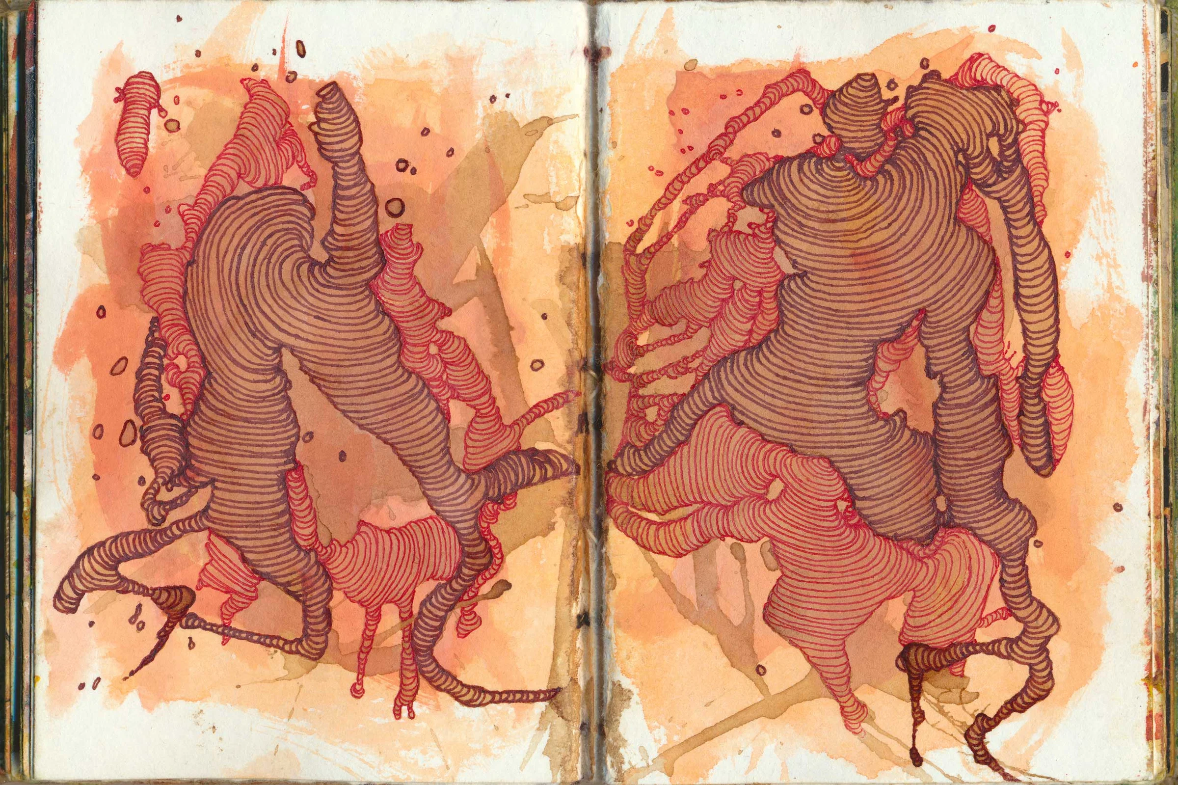 An open sketchbook spread with warm orange washes across both pages. Intertwined tubular shapes are drawn in closely spaced red and dark curved lines, forming two dense, branching structures that extend towards the central fold.