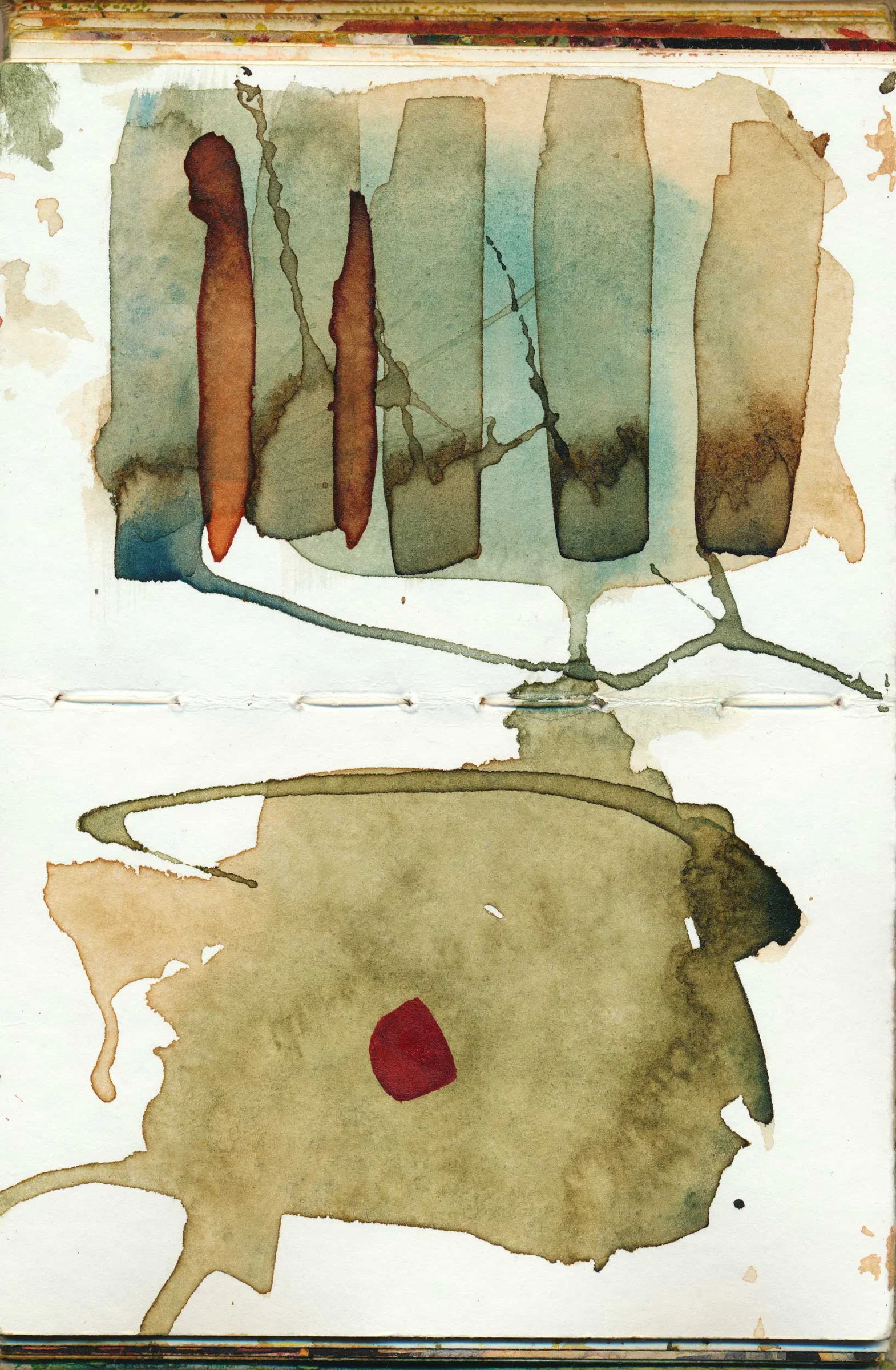 A vertical abstract sketchbook composition in muted green, brown and rust. Elongated translucent shapes and dark branching stains occupy the upper section. A visible stitched seam separates them from a broad olive-green wash below, containing a small red shape.