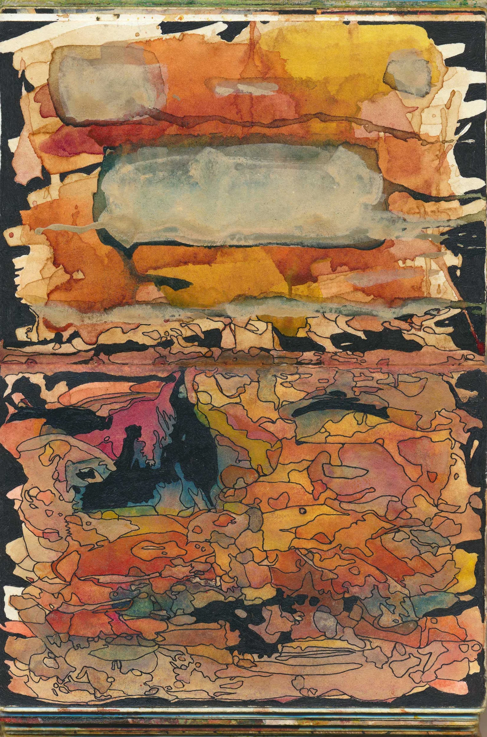 A vertical abstract composition of layered orange, yellow, pink and grey washes. Broad horizontal shapes fill the upper section, while the lower section is densely covered with irregular black contour lines tracing the edges of overlapping colour fields.