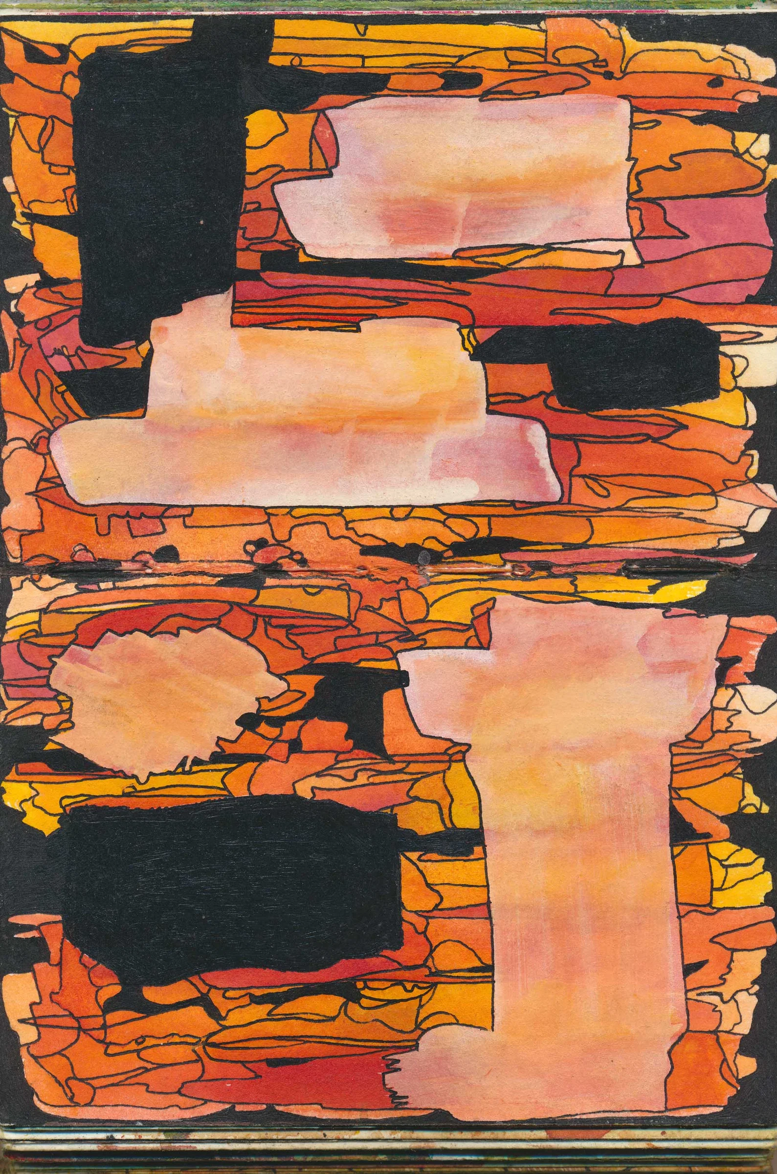 A vertical abstract composition dominated by orange, pink and black. Large pale pink rectangular shapes interrupt a dense network of thin black contour lines and orange washes. Several solid black blocks create strong contrasts across the page.