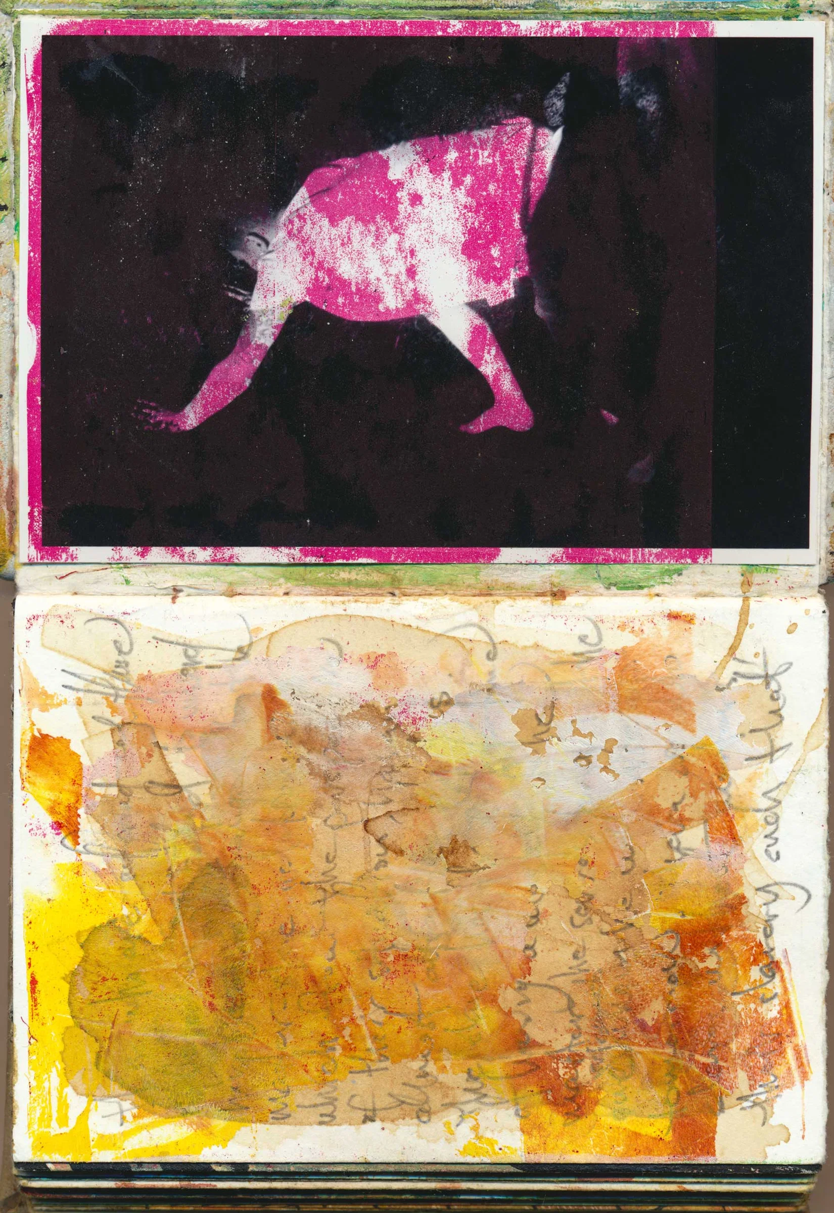 An open sketchbook photographed vertically. The upper page contains a dark photographic or printed image of a four-legged animal-like figure in vivid pink and white against black. The lower page is covered with layered yellow, orange and pale pink washes, faint handwriting and irregular marks.