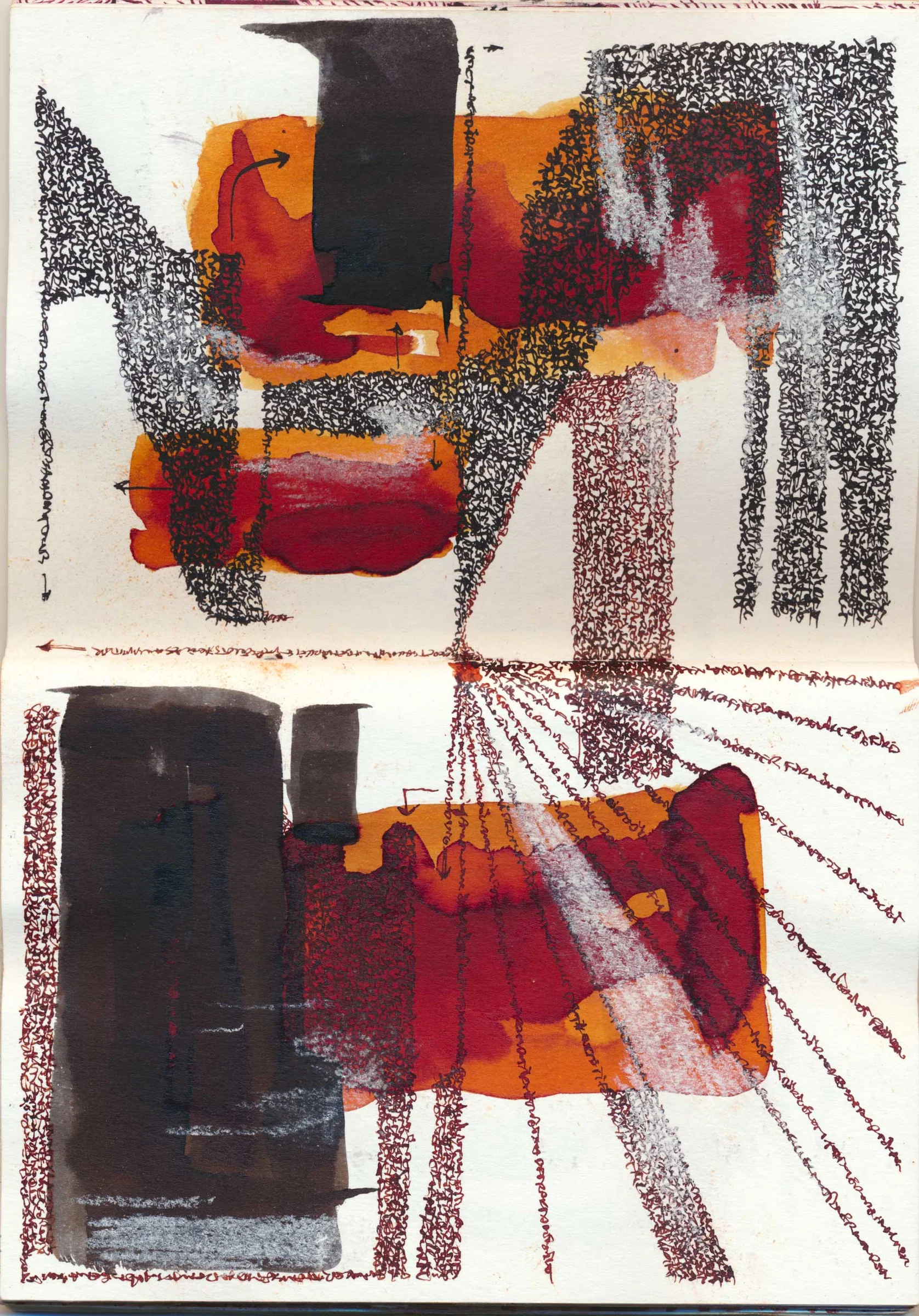 An open sketchbook spread with overlapping orange, crimson and black painted blocks. Dense clusters of tiny handwritten marks and fine lines cross the colour fields, with arrows and radiating lines connecting forms across the central fold.