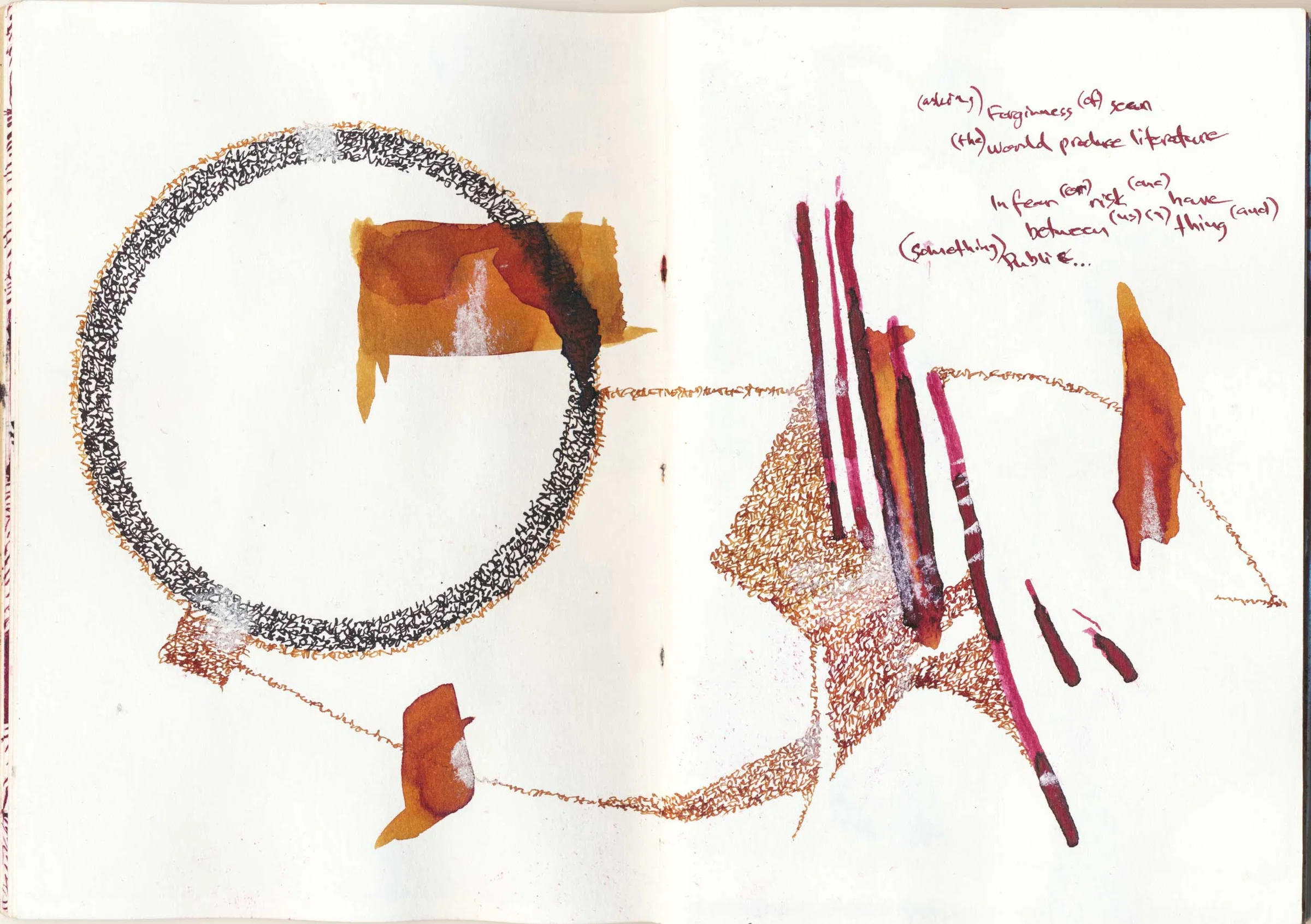 An open sketchbook spread with large areas of white paper. On the left, a broad circular ring is formed from dense, small black marks, partly overlapped by an ochre-coloured shape. On the right, elongated red and purple brushstrokes intersect with orange washes, clusters of fine marks and handwritten notes. Thin lines connect elements across the two pages.