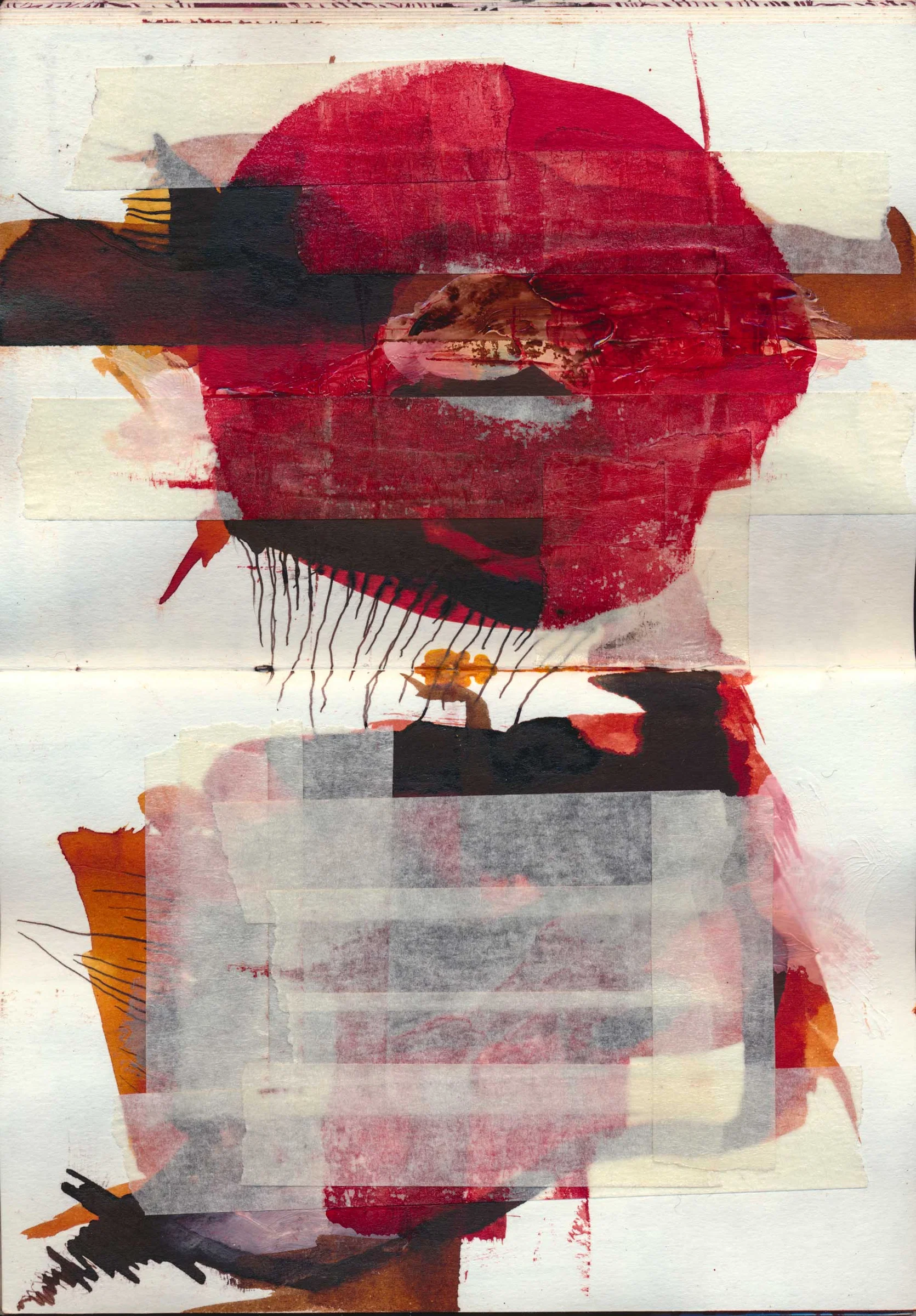 A vertical abstract composition built from overlapping layers of paint and translucent paper strips. A large, roughly circular crimson shape dominates the upper half, crossed by dark horizontal bands and irregular brushstrokes. Below, pale grey and white strips partly conceal layered areas of pink, red, orange and black, with thin dark lines extending downward from the central forms.