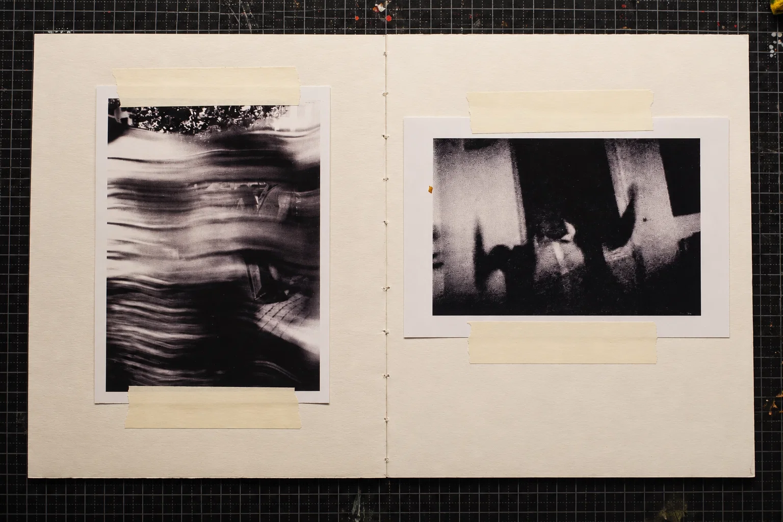 Two black-and-white photographs. On the left, a figure is stretched into horizontal bands of motion blur. On the right, dark silhouettes and indistinct figures appear against a lighter background.