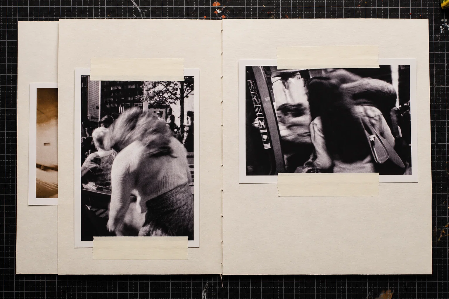 Two black-and-white photographs. On the left, a person bends forward among other people outdoors. On the right, overlapping figures fill the frame, including someone seen from behind carrying a shoulder bag.