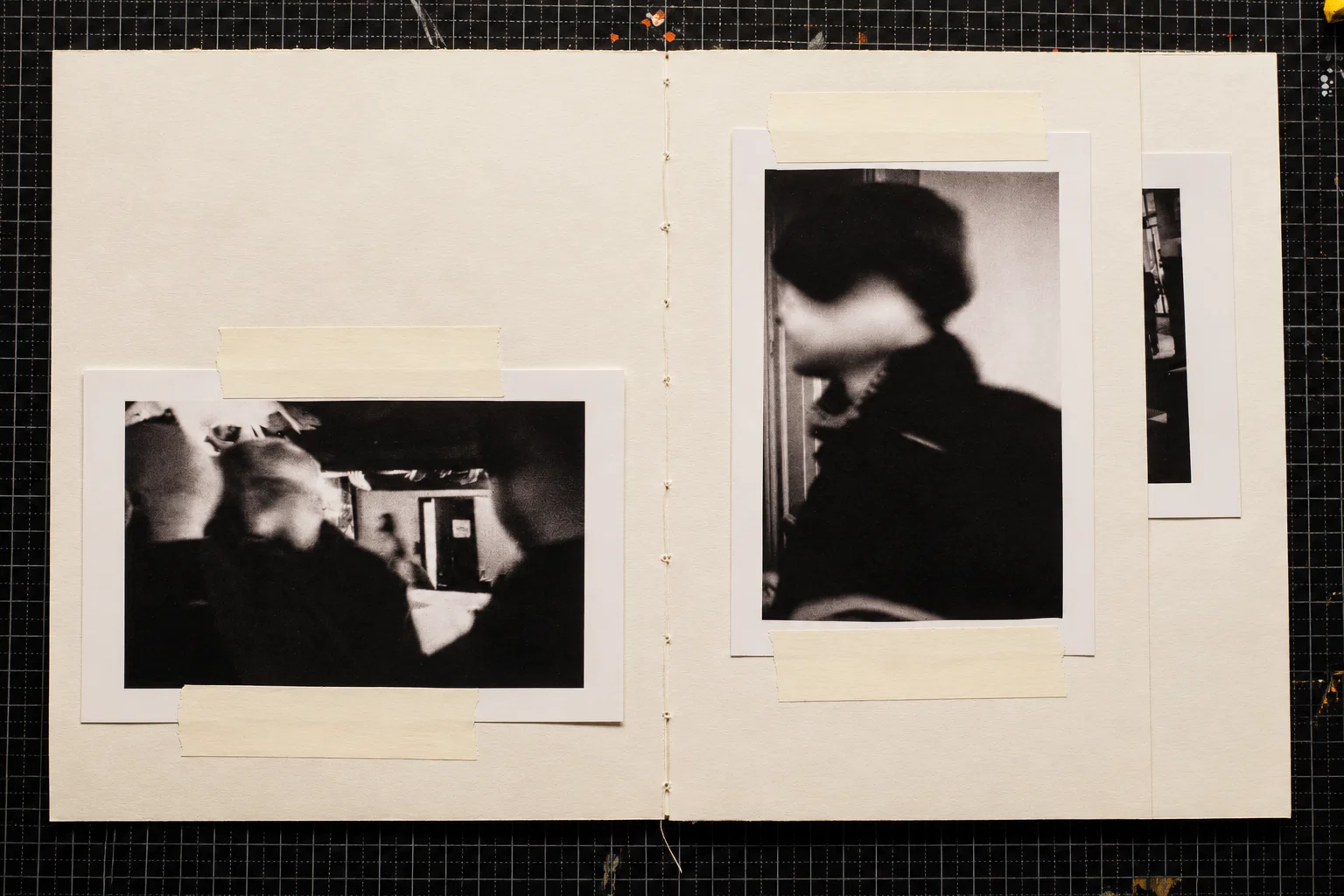 Two black-and-white photographs. On the left, dark figures seen from behind frame a brighter interior space. On the right, a blurred side profile with dark hair and clothing fills most of the image.