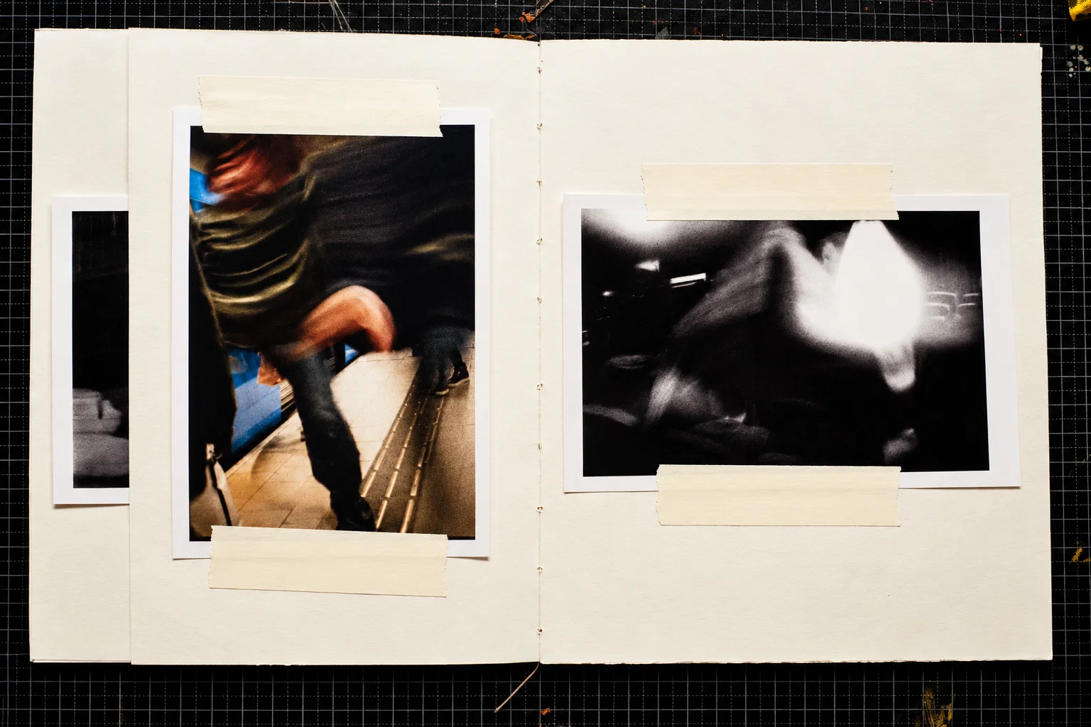 A colour photograph on the left shows a blurred figure in dark clothing moving along a platform beside a blue train. On the right, a black-and-white image shows a heavily blurred figure and a bright, nearly white shape against a dark background.